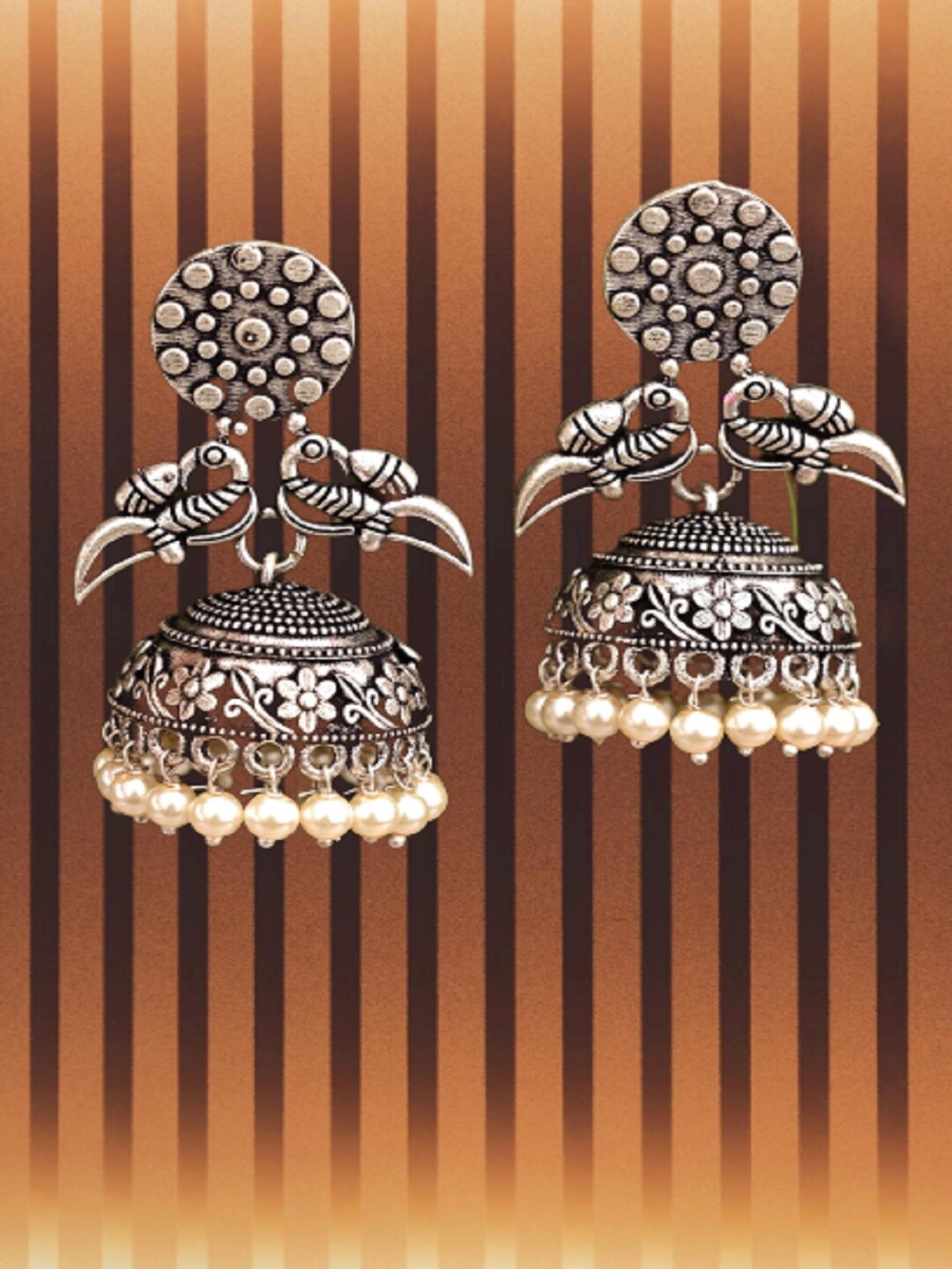 

Crunchy Fashion Silver Plated Pearls Beaded Oxidised Dome Shaped Jhumkas