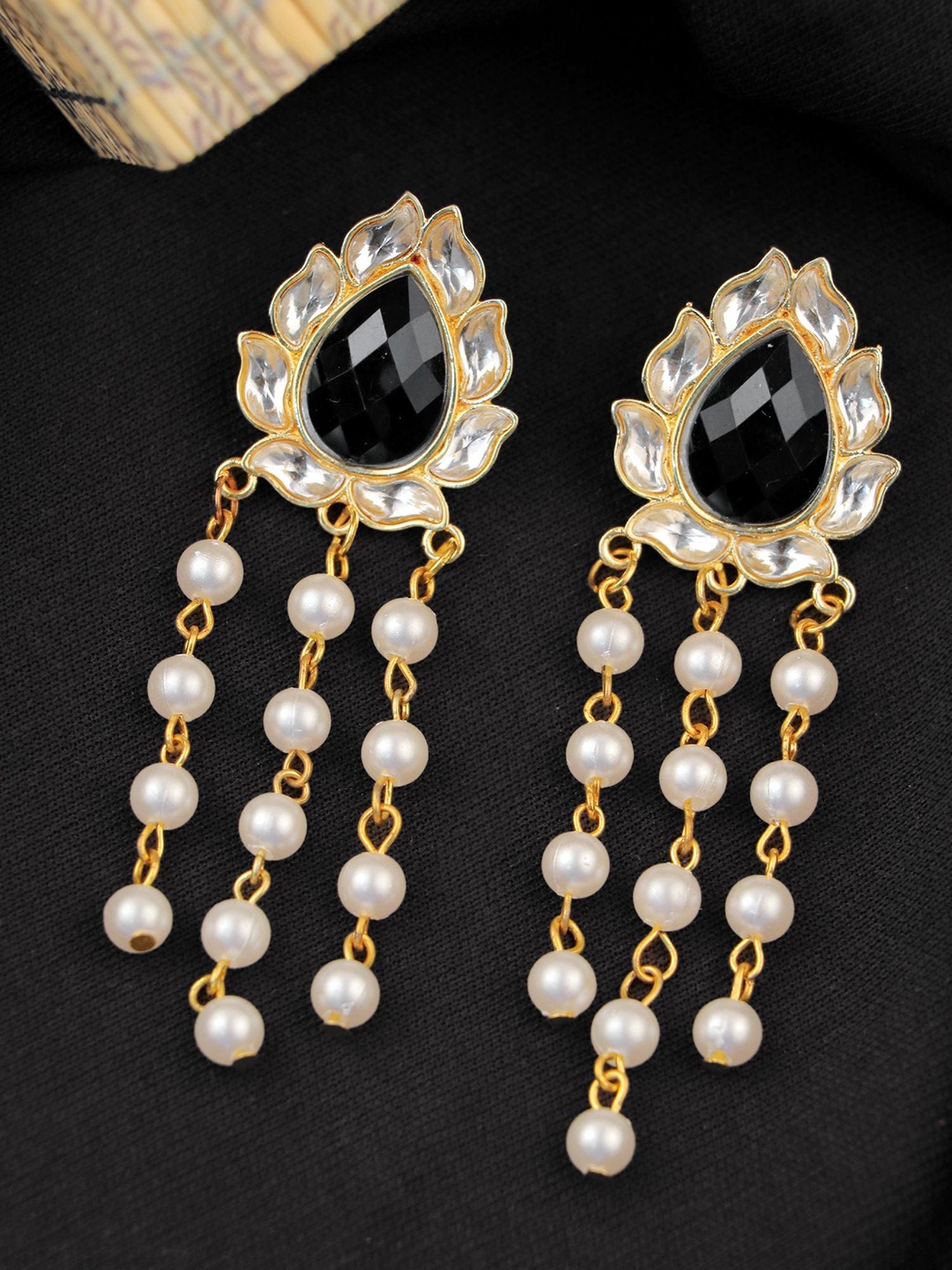 

Crunchy Fashion Gold Plated Kundan Studded & Beaded Contemporary Drop Earrings