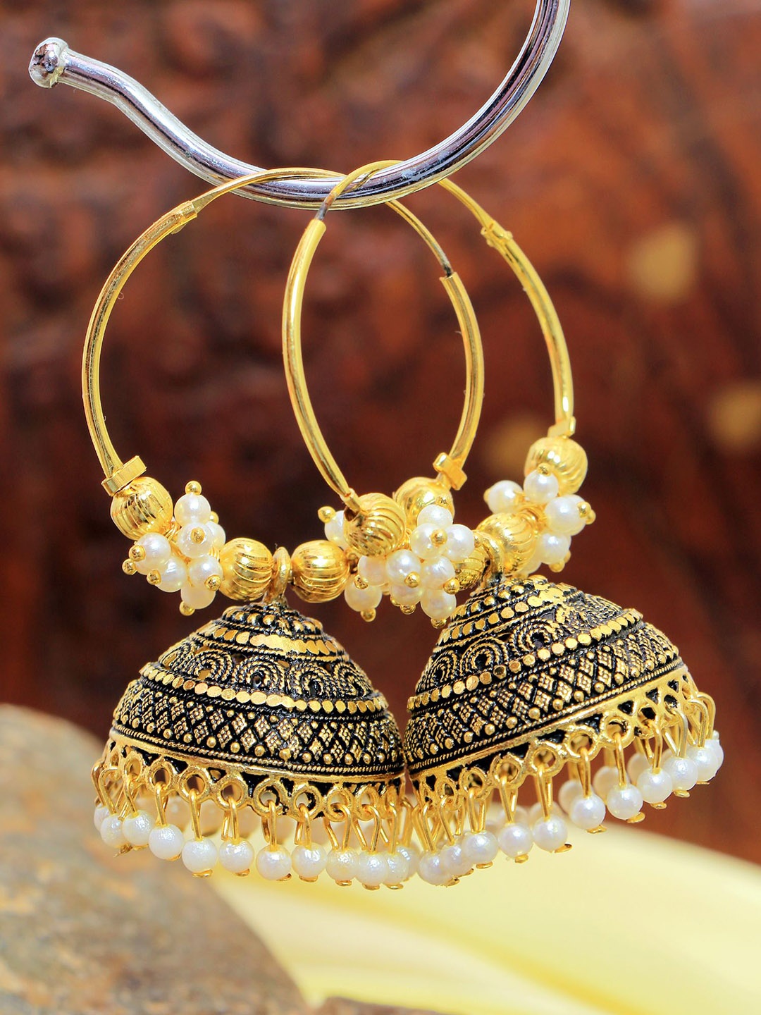 

Crunchy Fashion Gold Plated Dome Shaped Jhumkas Earrings, Black