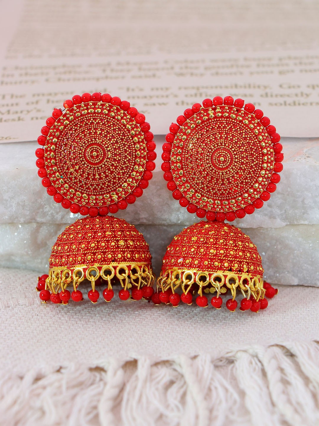 

Crunchy Fashion Gold Plated Dome Shaped Jhumkas Earrings, Red