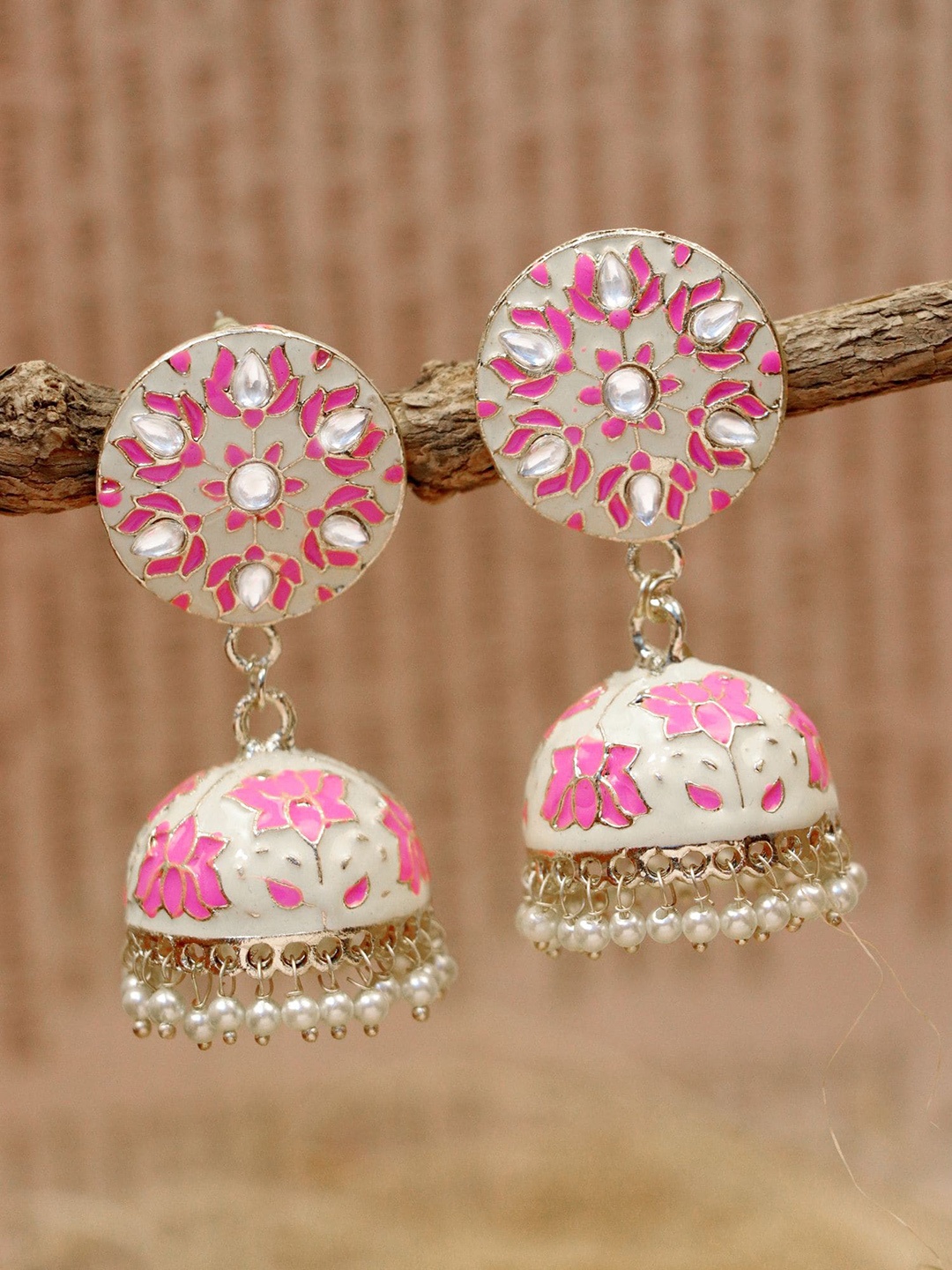 

Crunchy Fashion Gold Plated Dome Shaped Jhumkas Earrings, Pink