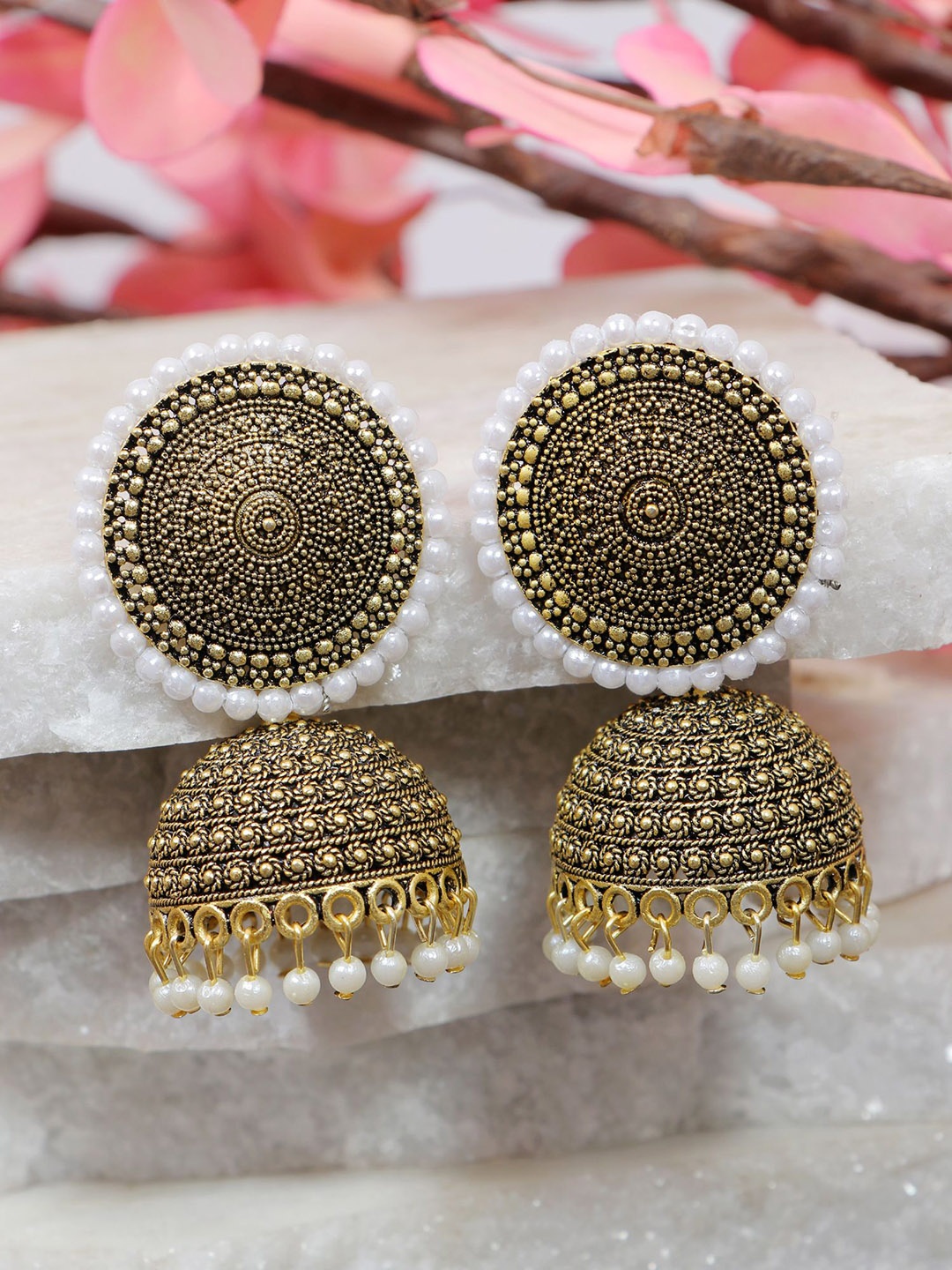 

Crunchy Fashion Gold Plated Dome Shaped Jhumkas Earrings, White