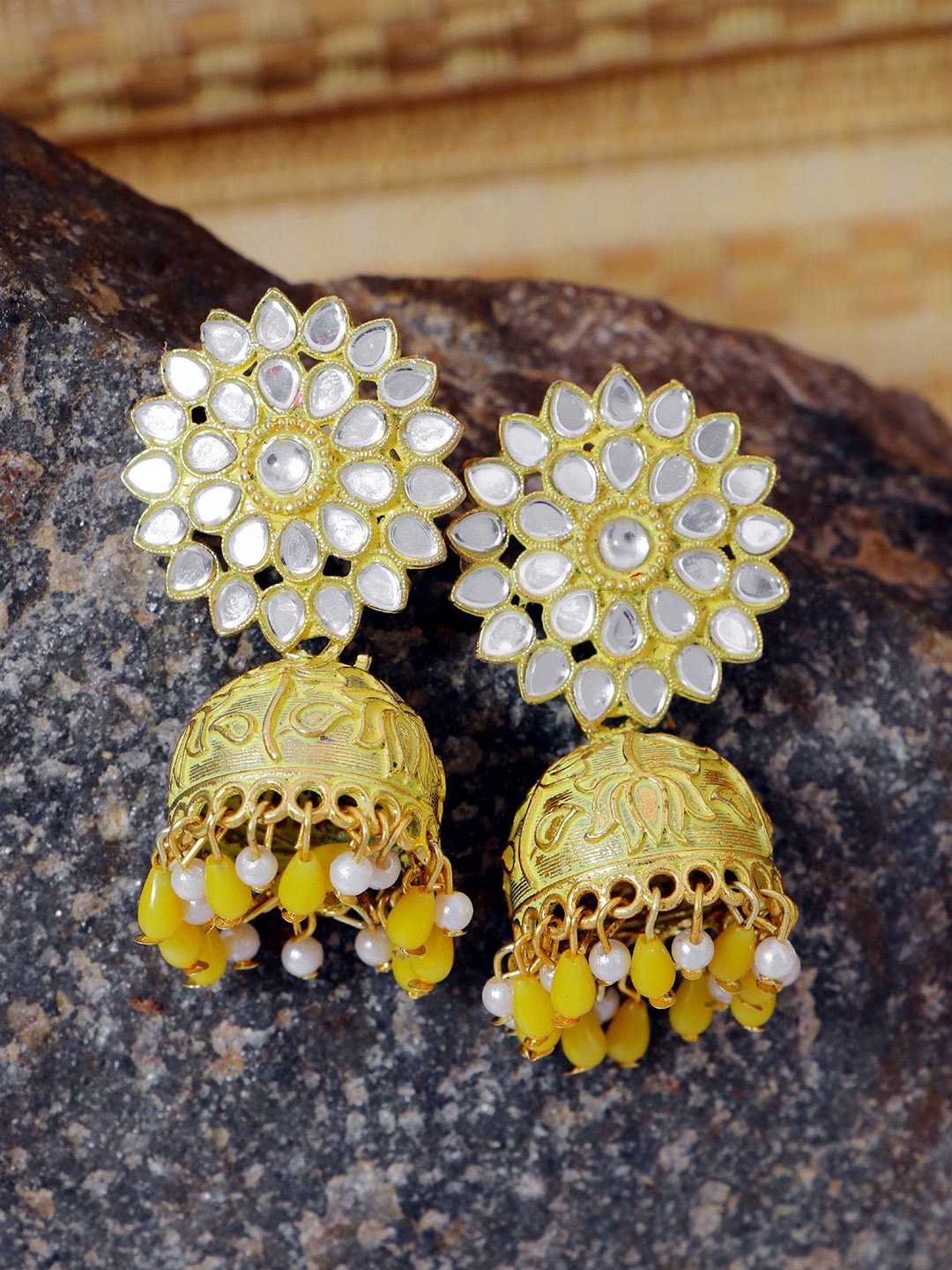 

Crunchy Fashion Gold Plated Dome Shaped Jhumkas Earrings, Yellow