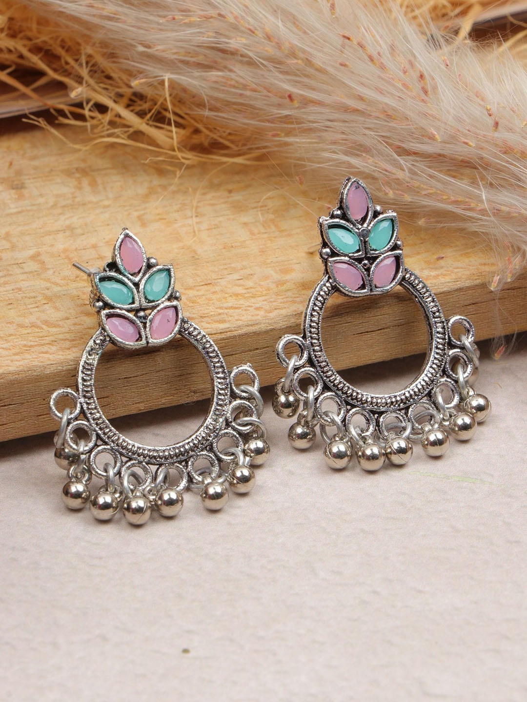 

Crunchy Fashion Silver-Plated Crescent Shaped Kundan Studded Oxidised Drop Earrings, Pink