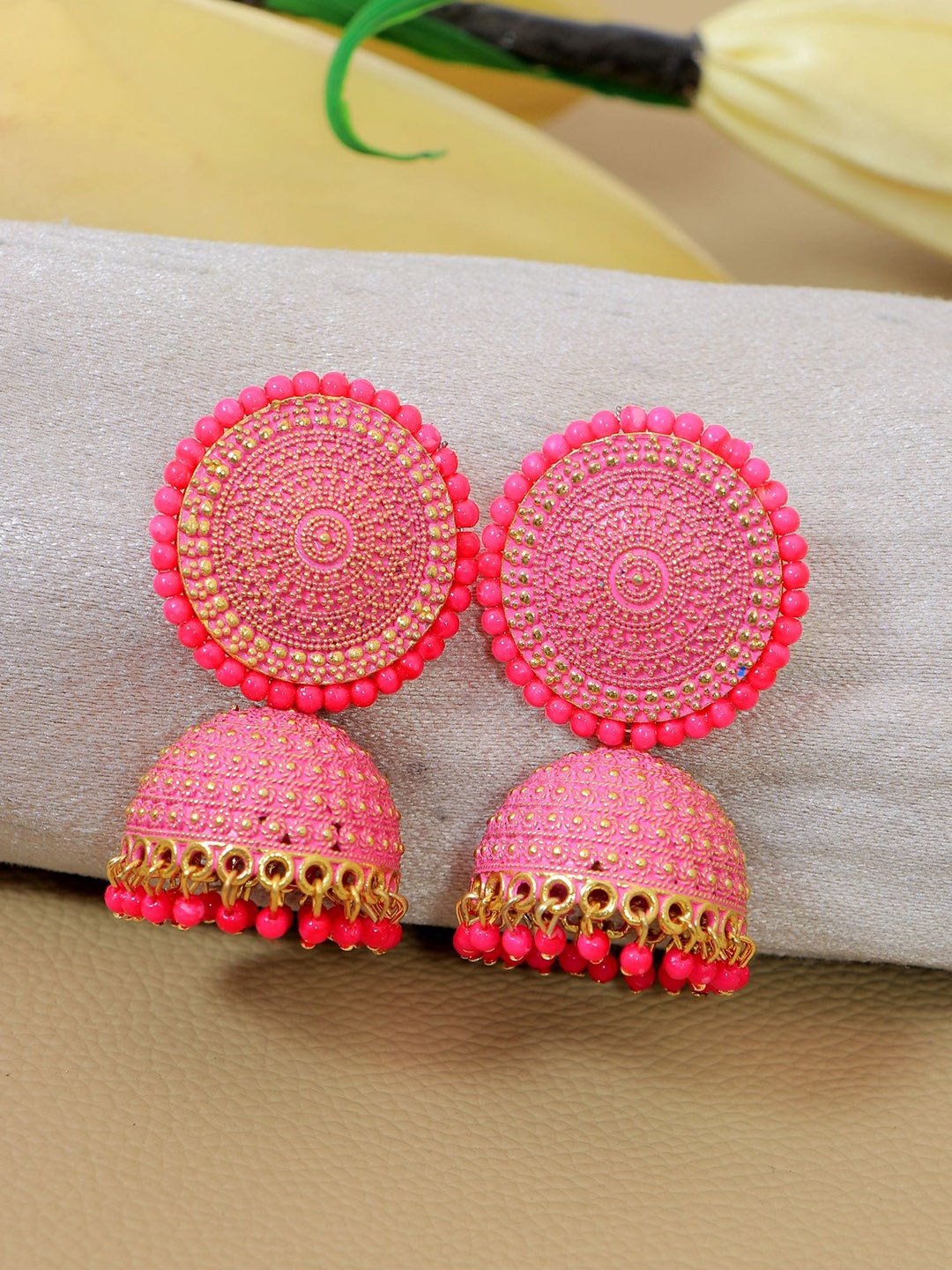 

Crunchy Fashion Gold-Plated Dome Shaped Pearl Jhumkas, Pink