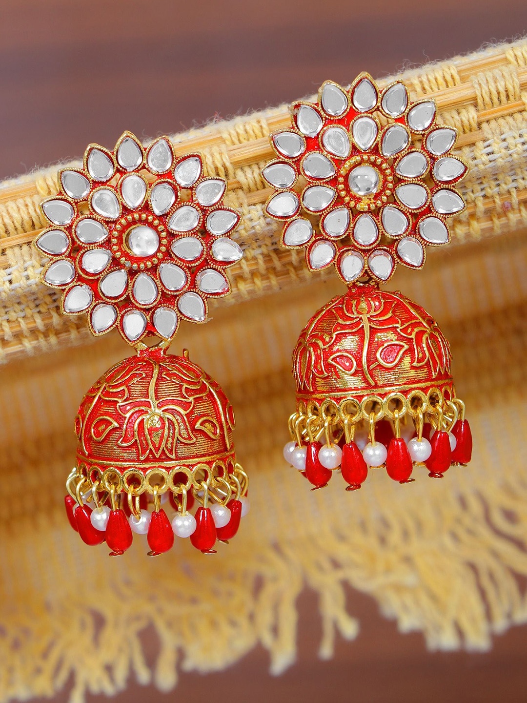 

Crunchy Fashion Gold-Plated Dome Shaped Kundan Studded Jhumkas, Red