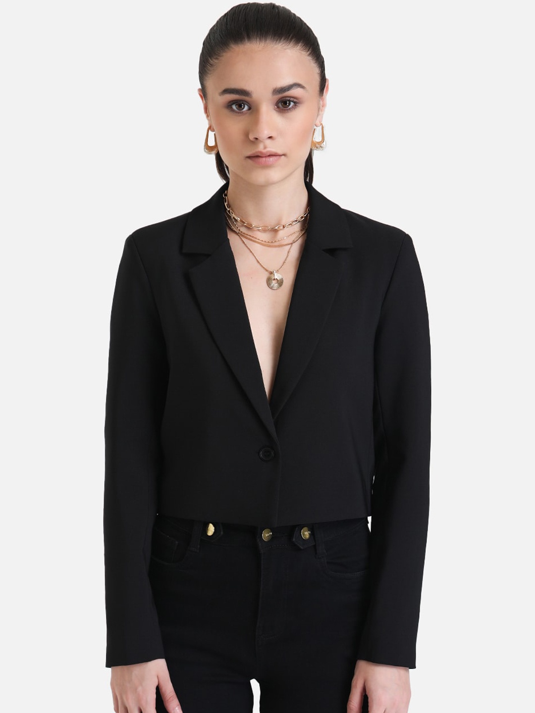 

Kazo Single-Breasted Lapel Collar Crop Blazer, Black