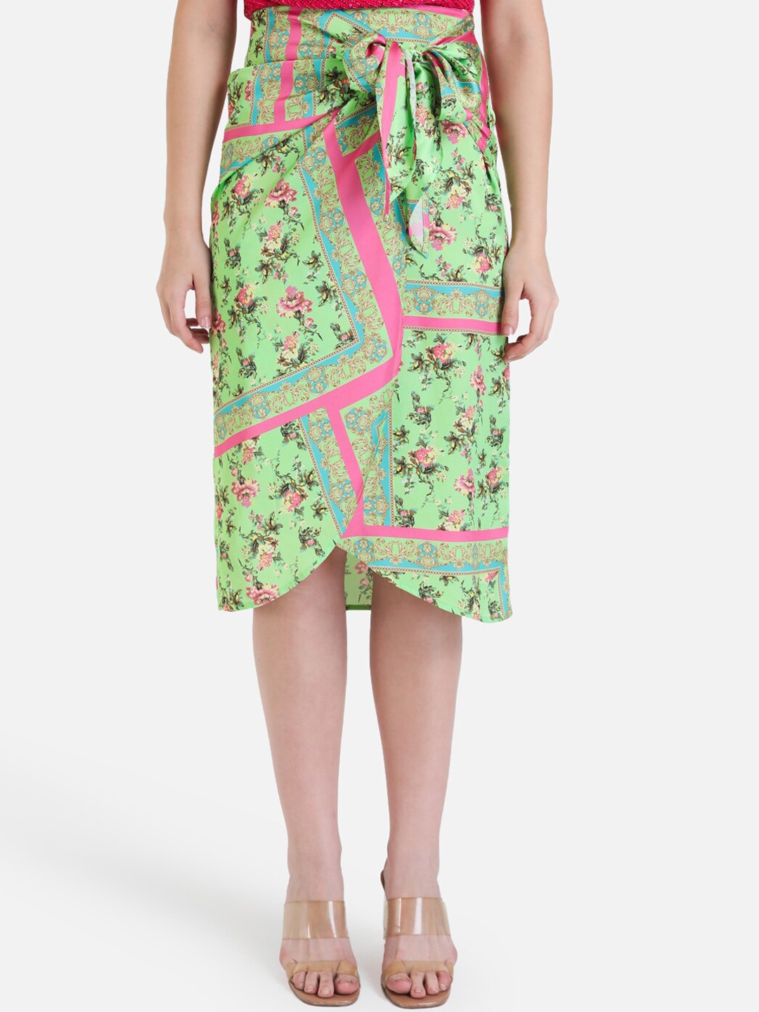 

Kazo Floral Scarf Printed Wrap Midi Skirt, Green