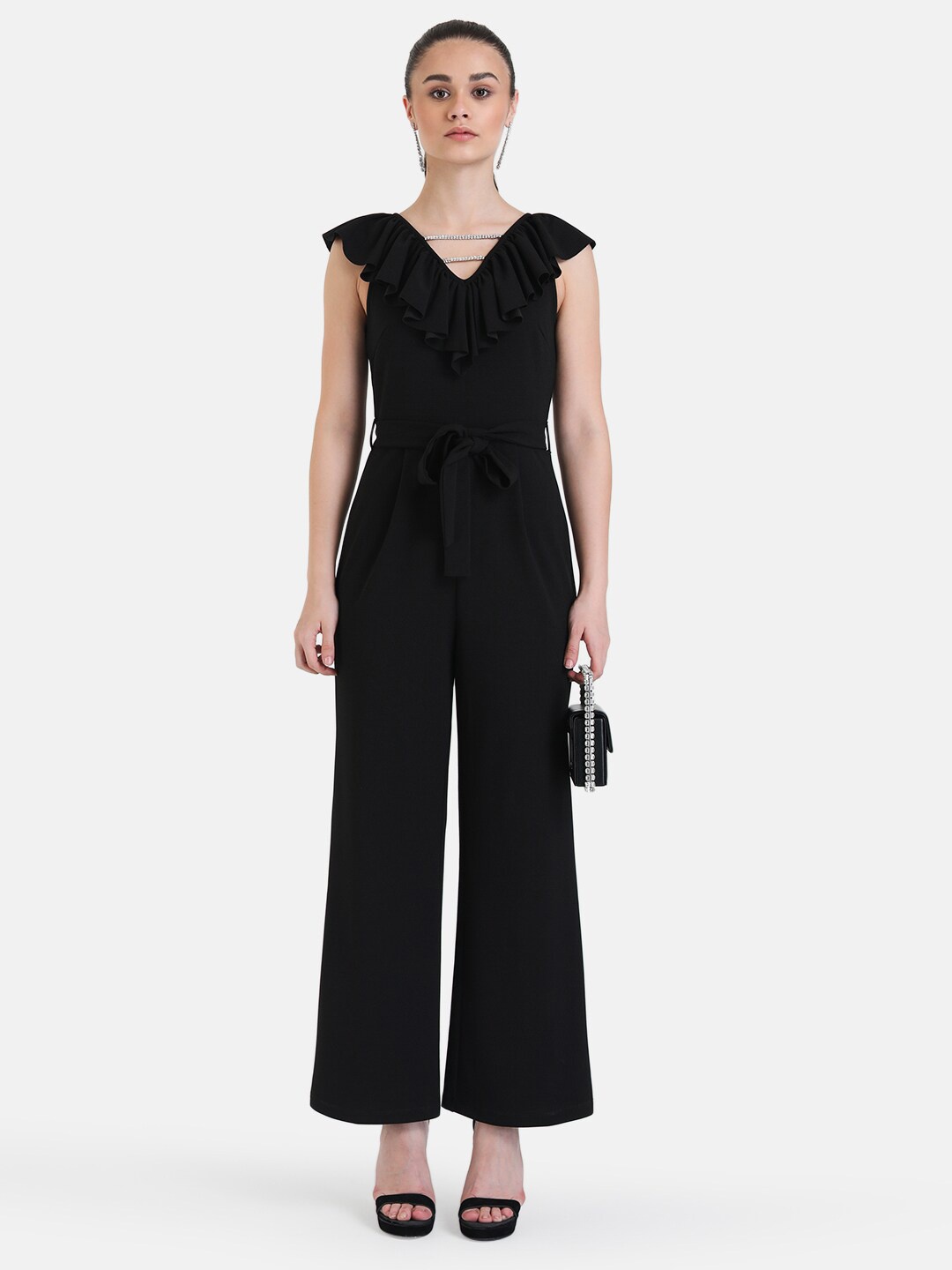 

Kazo V Neck Ruffle Jumpsuit, Black