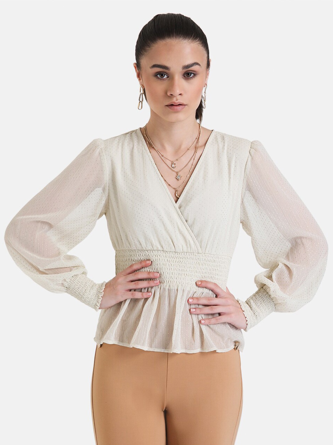 

Kazo Self Designed Smocked Detailed V-Neck Bishop Sleeves Regular Top, Cream