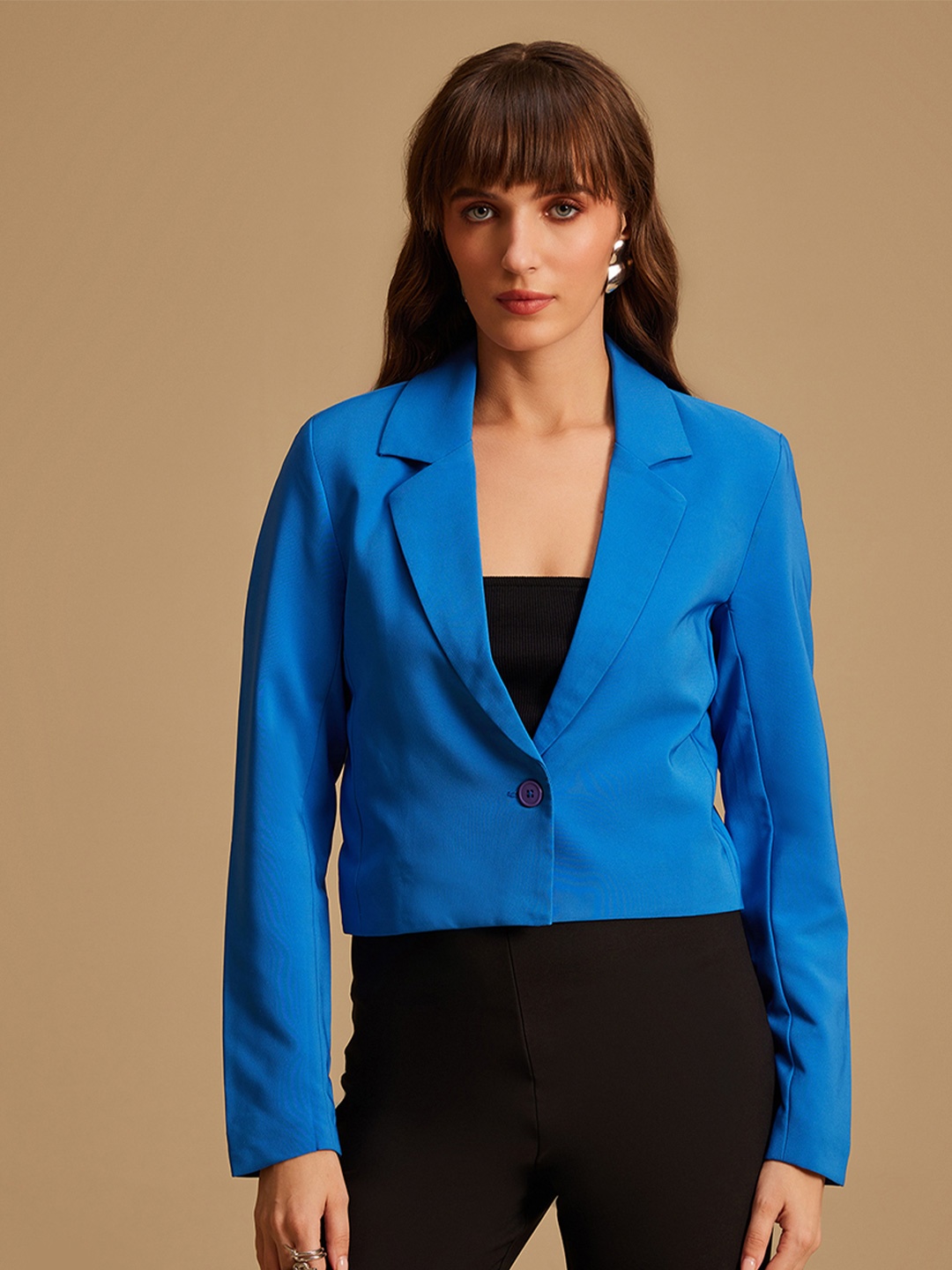 

Kazo Single-Breasted Lapel Collar Crop Blazer, Blue