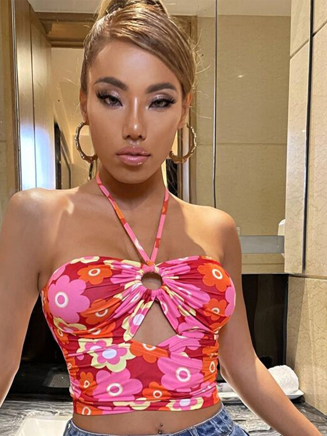 

BAESD Floral Printed Halter Neck Tube Crop Top, Pink