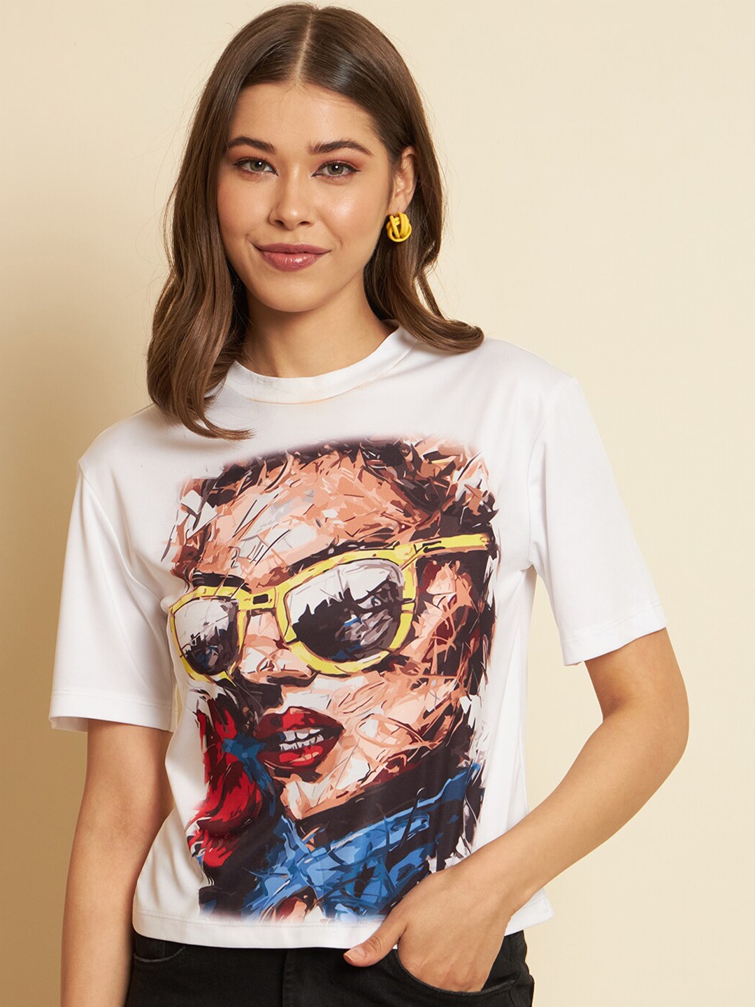 

BAESD Graphic Printed Round Neck Top, White