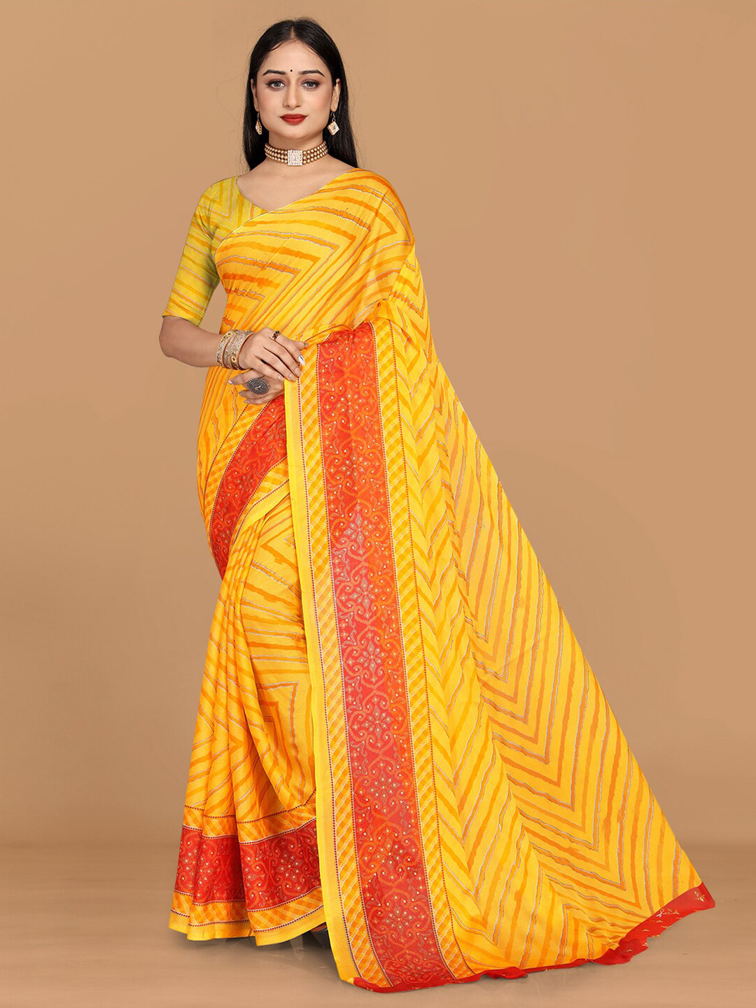 

KALINI Geometric Printed Sequinned Pure Chiffon Saree, Yellow