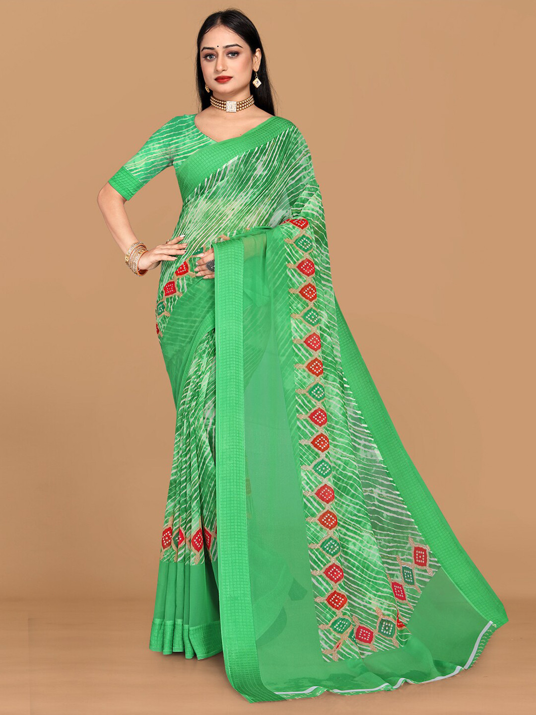 

KALINI Leheriya Pure Georgette Saree, Green