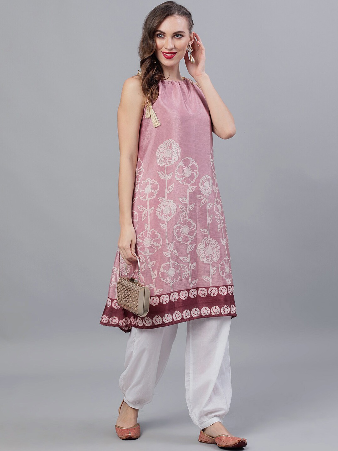 

AKS Couture Floral Printed Halter Neck Kurta, Rose gold