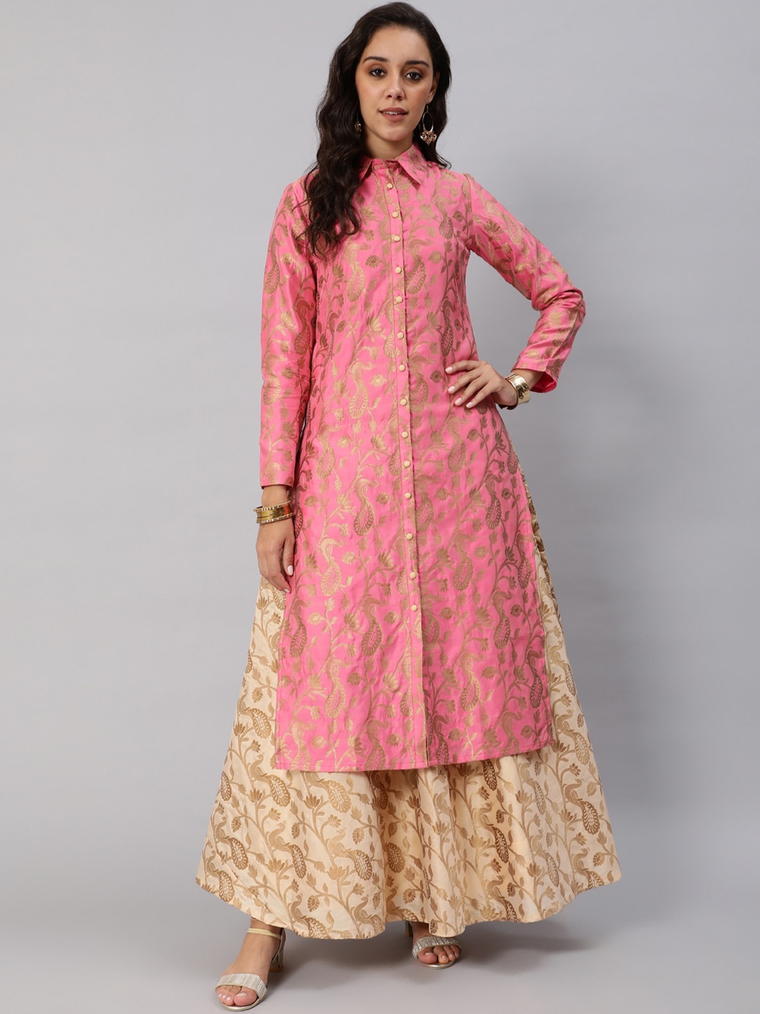 

AKS Couture Floral Printed Shirt Collar Zari Jacquard Kurta, Pink