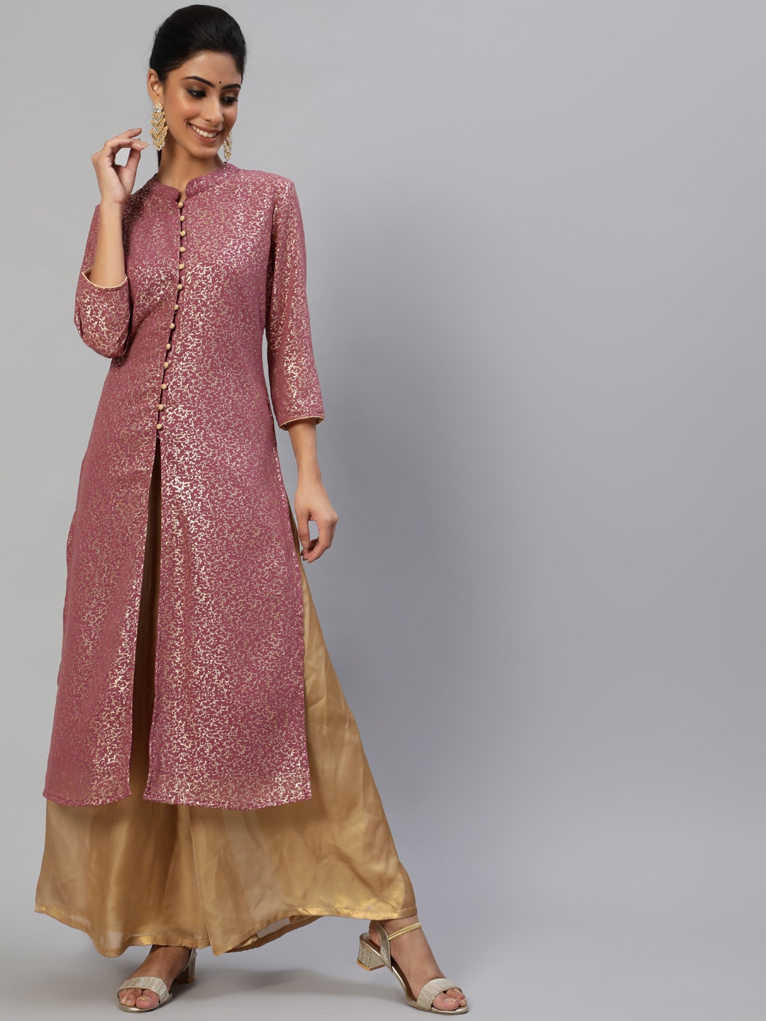 AKS Couture Floral Printed Mandarin Collar Georgette Kurta, Mauve