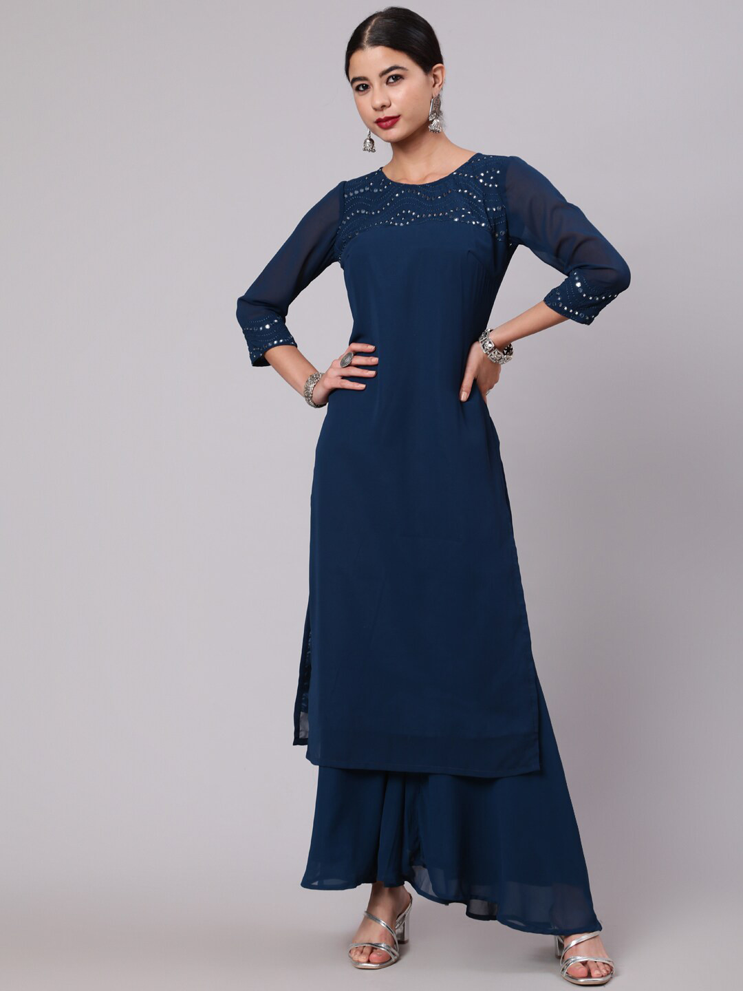 

AKS Couture Mirror Work Georgette Kurta, Blue