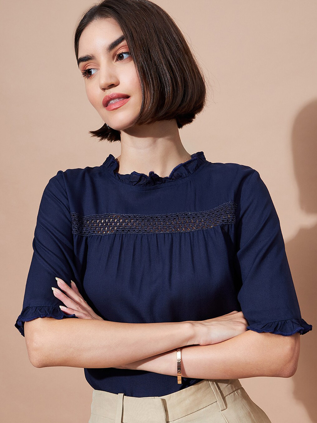 

DressBerry Round Neck Ruffles Top, Navy blue