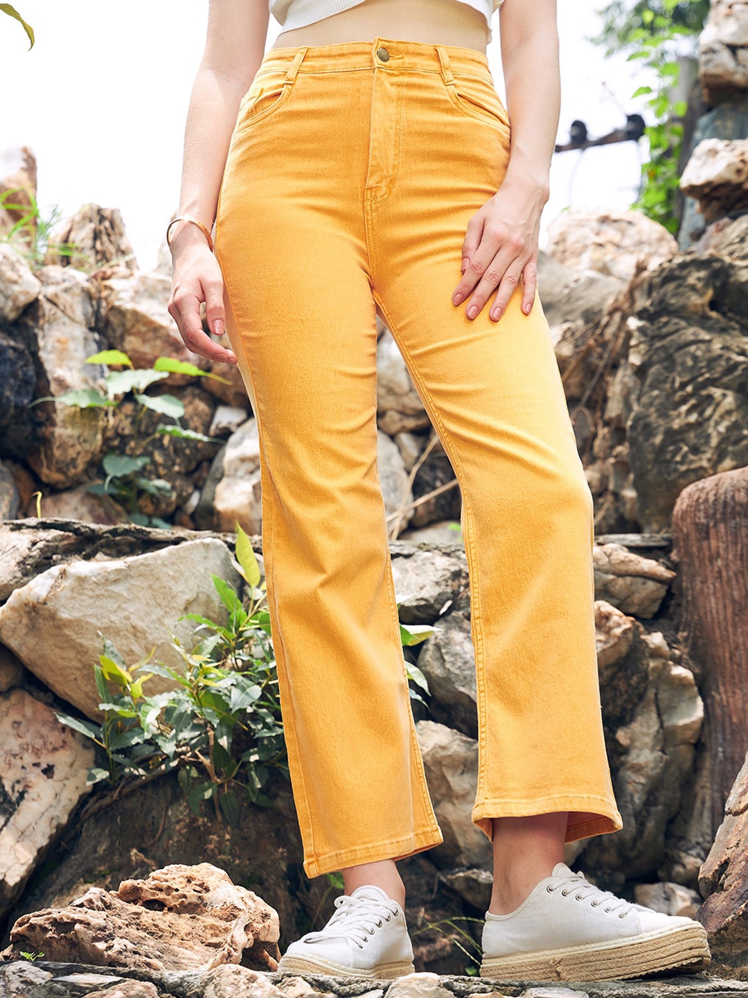 

GUTI Women Flared High-Rise Clean Look Stretchable Jeans, Yellow