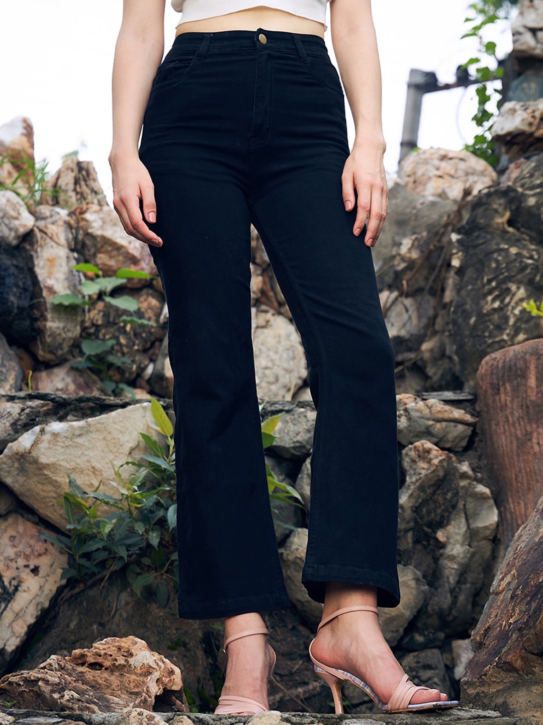 

GUTI Women Flared High-Rise Clean Look Stretchable Cotton Jeans, Black