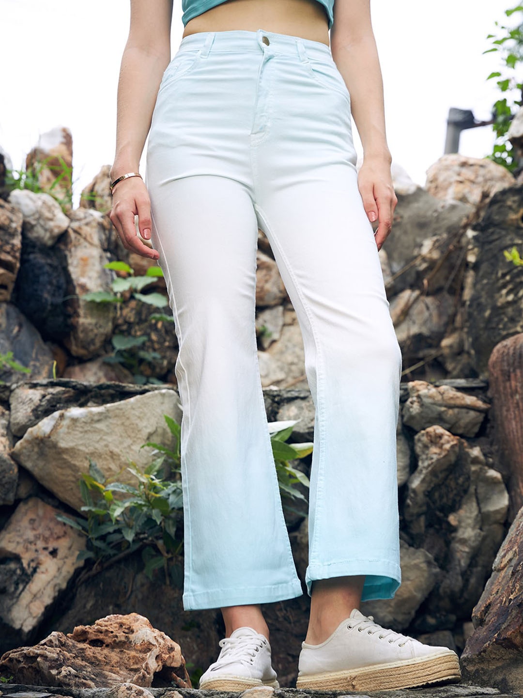 

GUTI Women Flared High-Rise Clean Look Cotton Jeans, Blue
