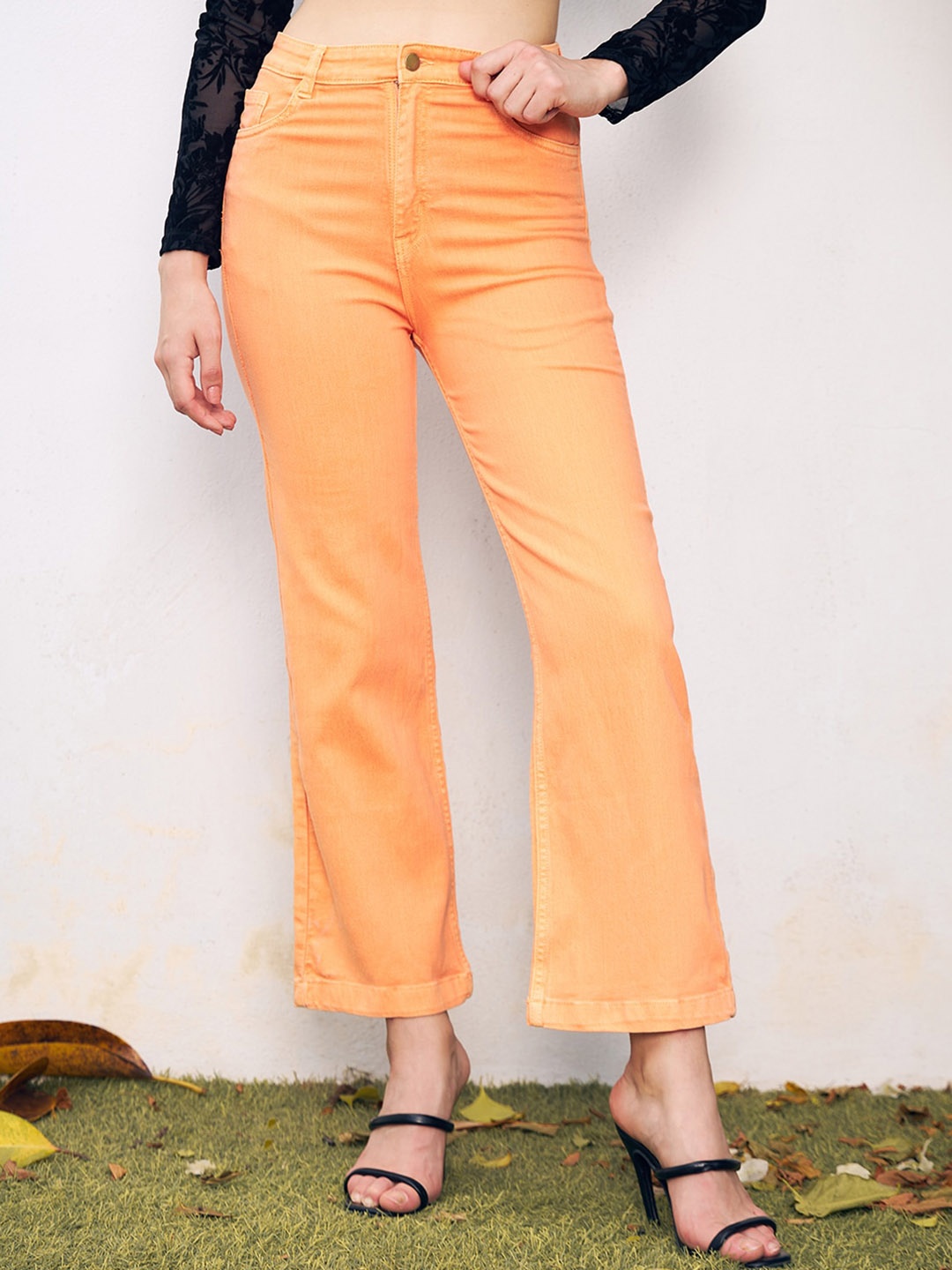 

GUTI Women Flared High-Rise Clean Look Stretchable Cotton Jeans, Orange