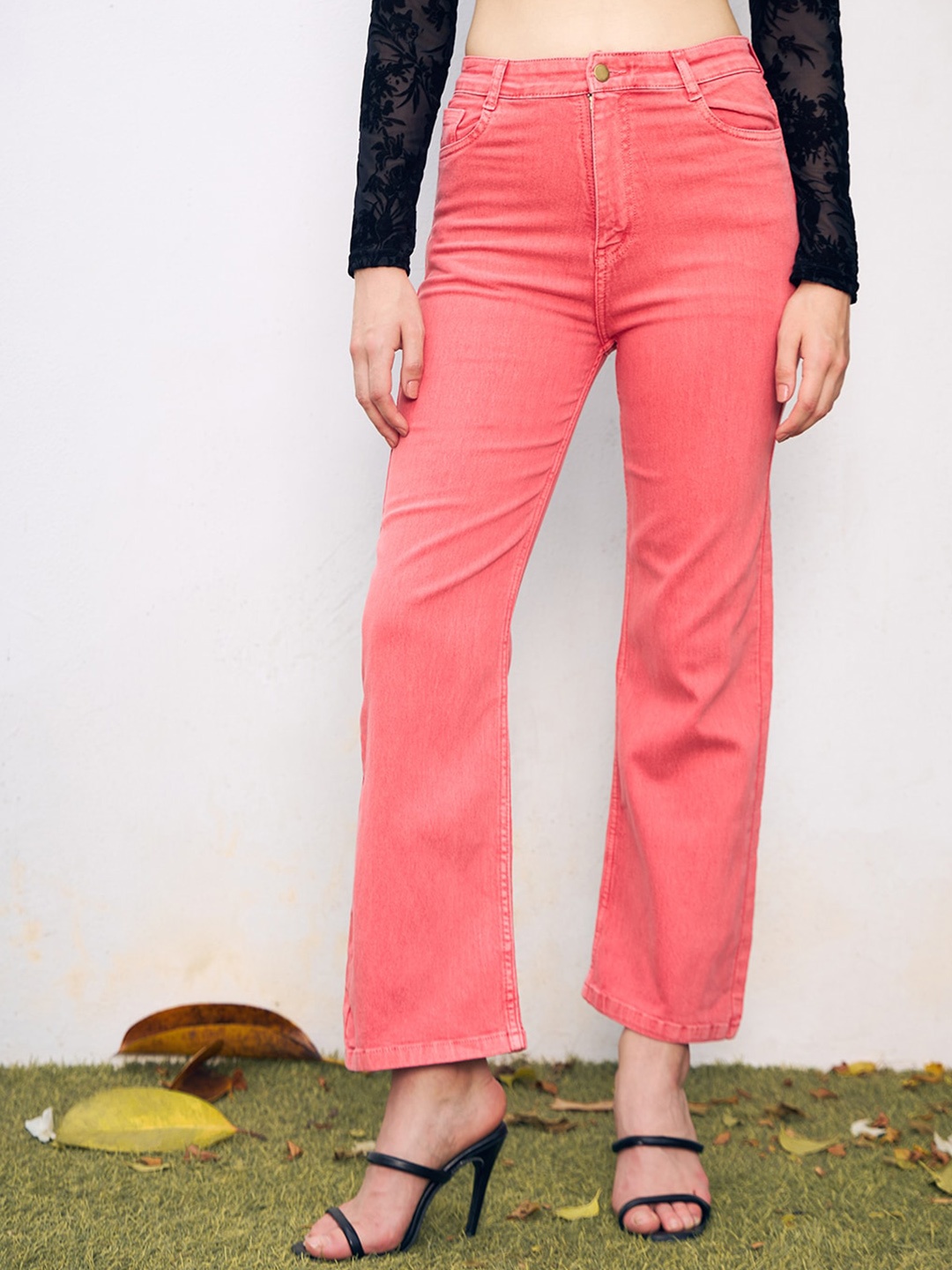 

GUTI Women Flared High-Rise Clean Look Stretchable Cotton Jeans, Maroon