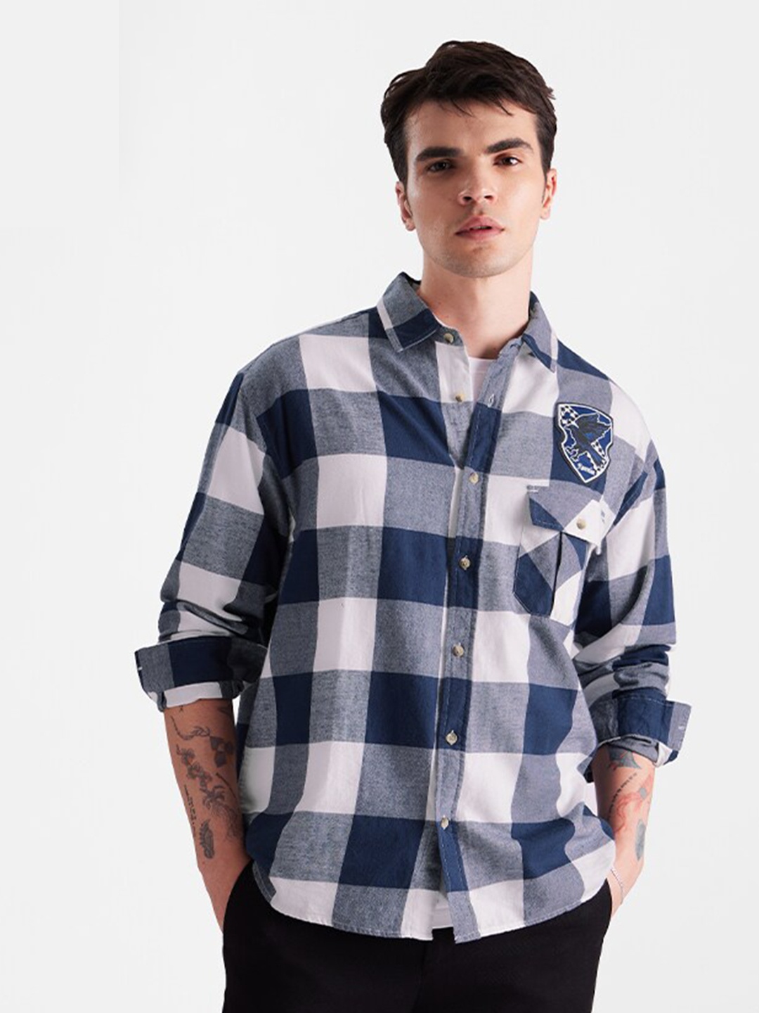 

The Souled Store Navy Blue Checked Spread Collar Applique Pure Cotton Casual Shirt
