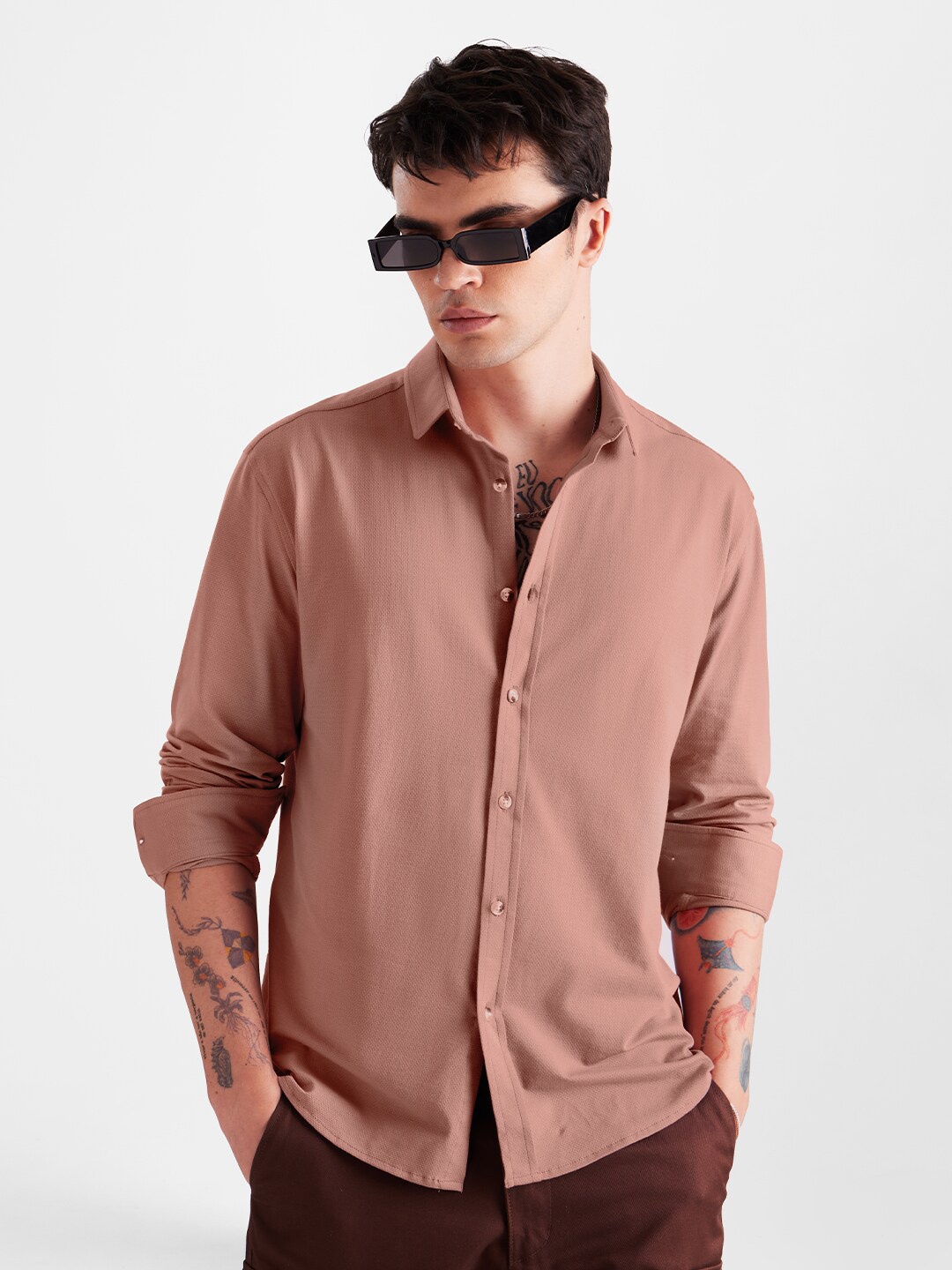 

The Souled Store Brown Spread Collar Pure Cotton Casual Shirt