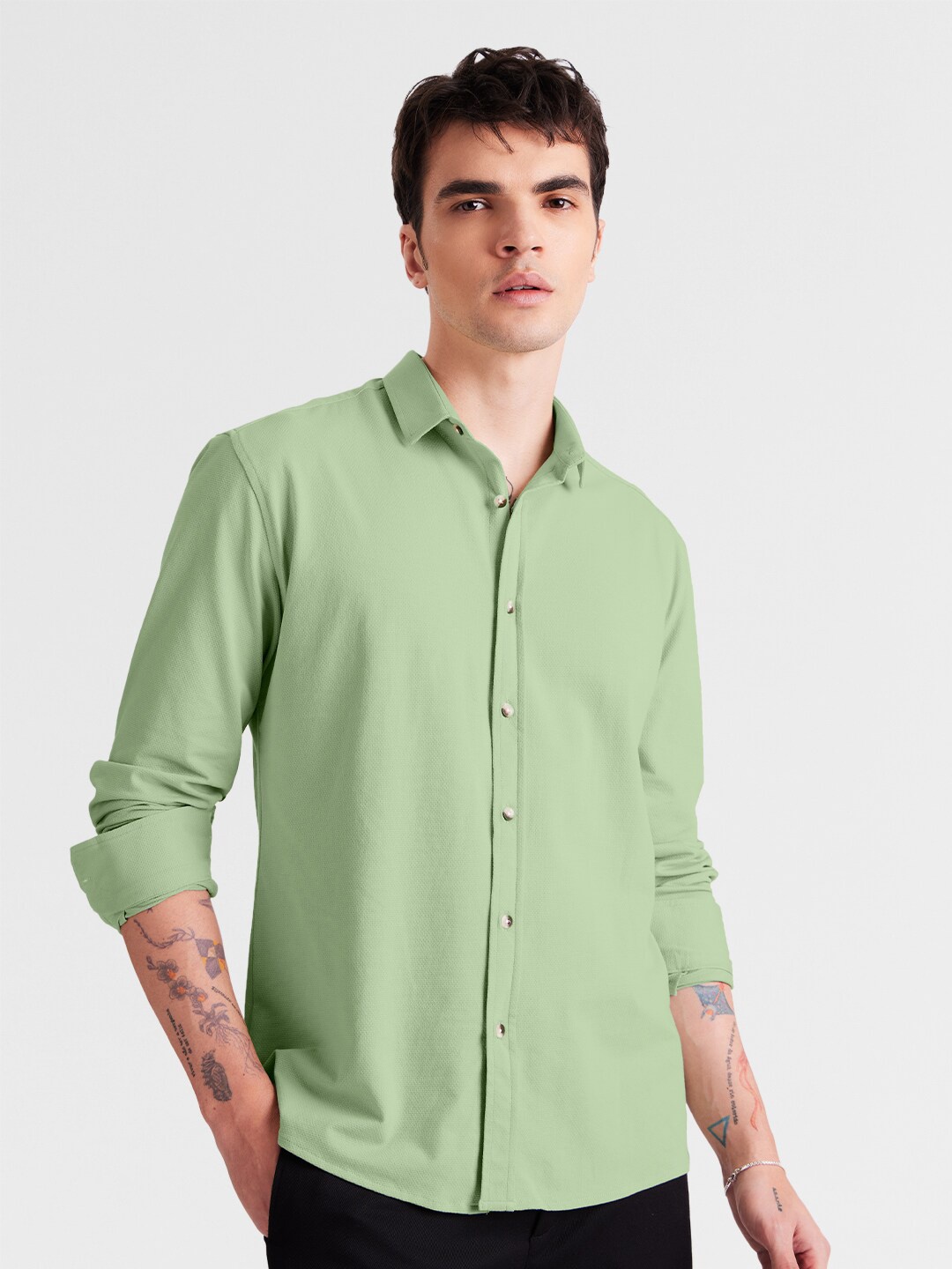 

The Souled Store Green Spread Collar Pure Cotton Casual Shirt