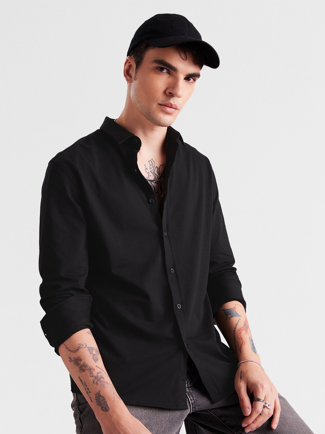 

The Souled Store Black Spread Collar Pure Cotton Casual Shirt