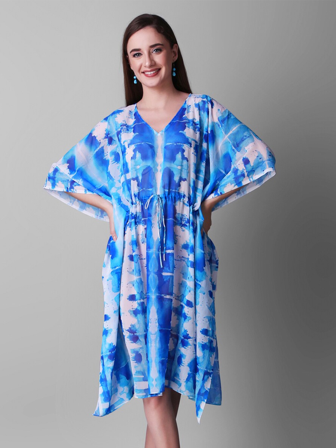 

Rajoria Instyle Tie And Dyed Kimono Sleeves Georgette Kaftan Dress, Blue