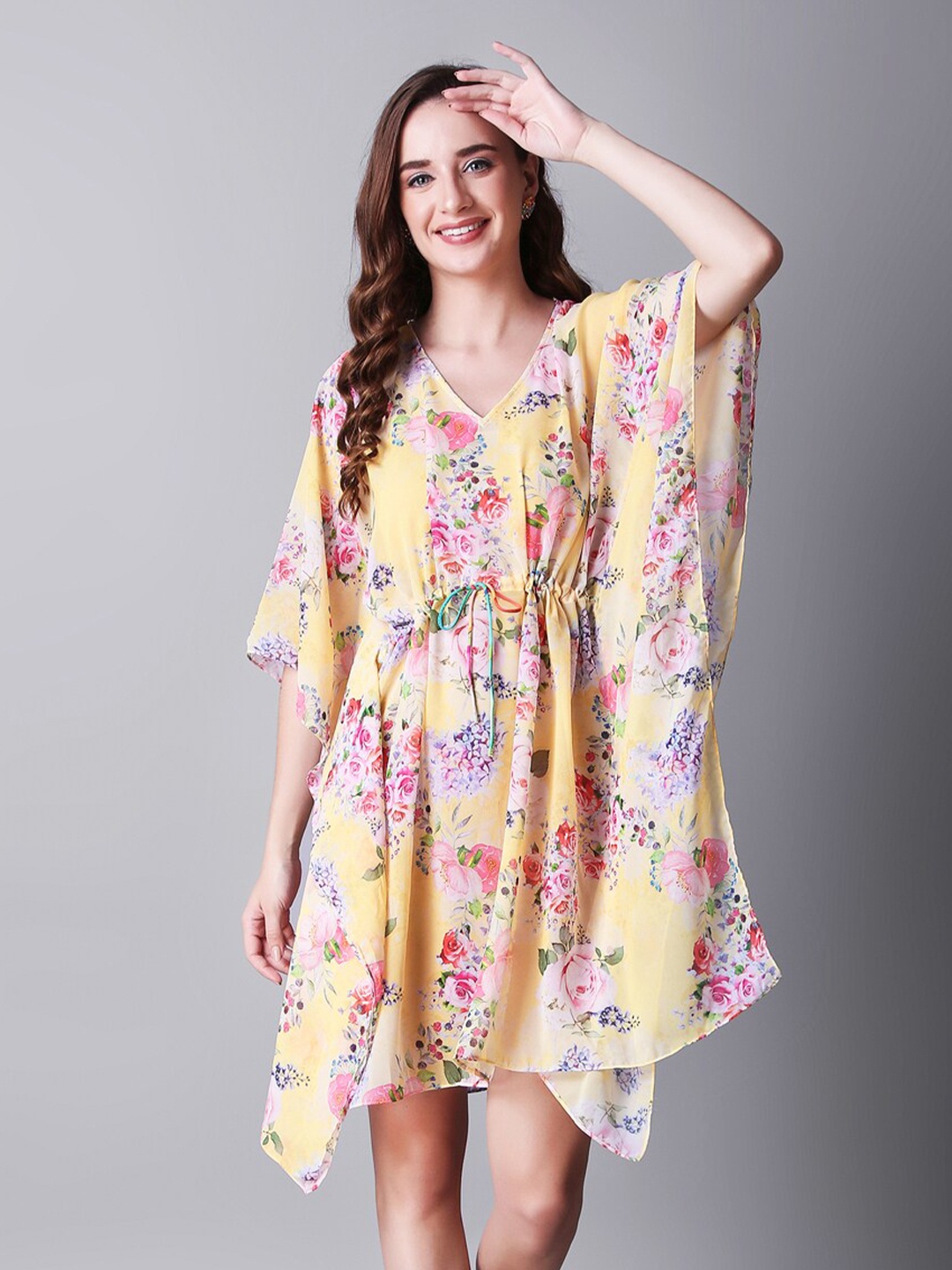 Rajoria Instyle Floral Printed Kaftan Above Knee Dress, Yellow