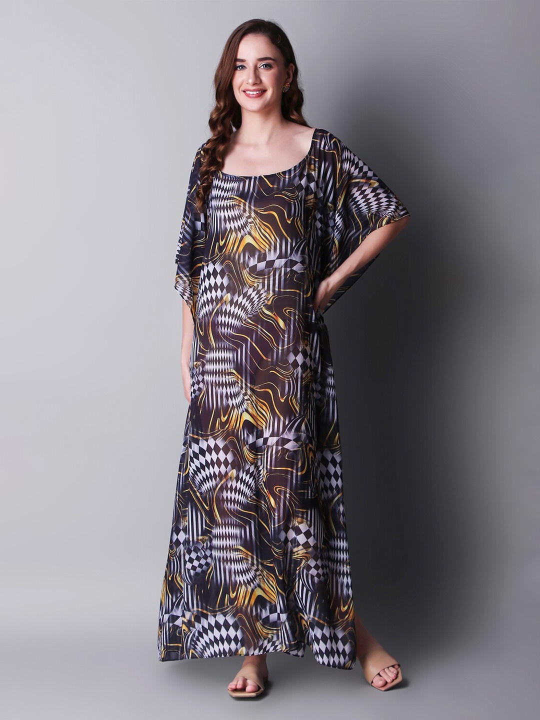 

Rajoria Instyle Abstract Printed Kimono Sleeves Georgette Kaftan Dress, Brown