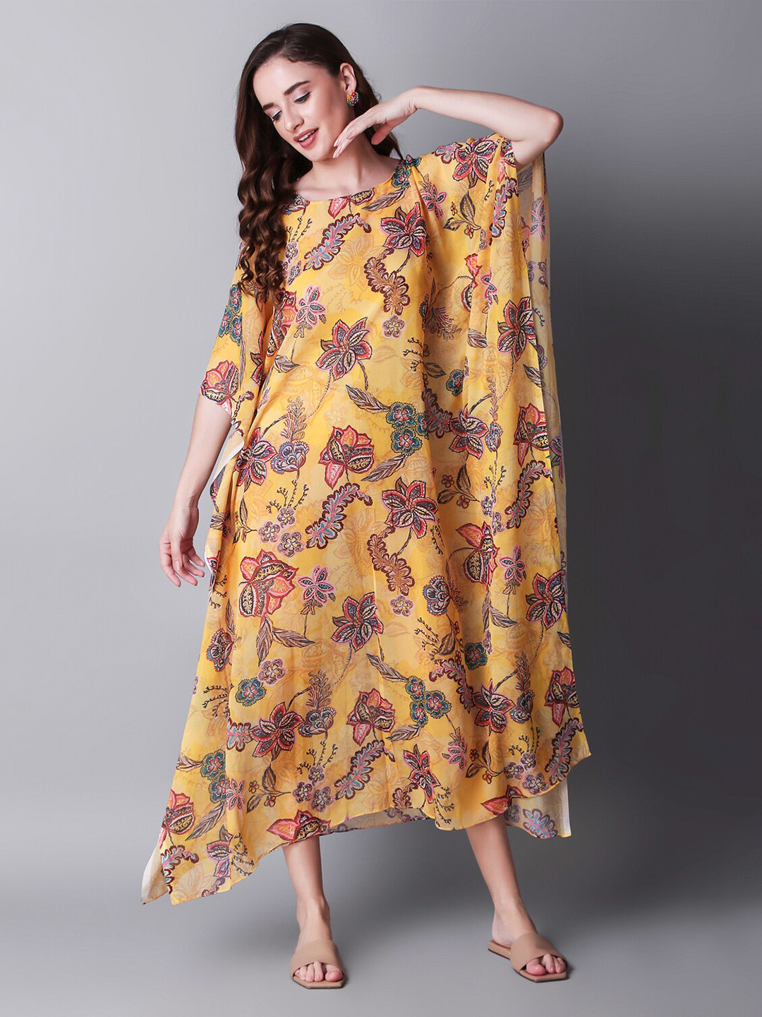

Rajoria Instyle Floral Printed Kimono Sleeves Kaftan Midi Dress, Yellow