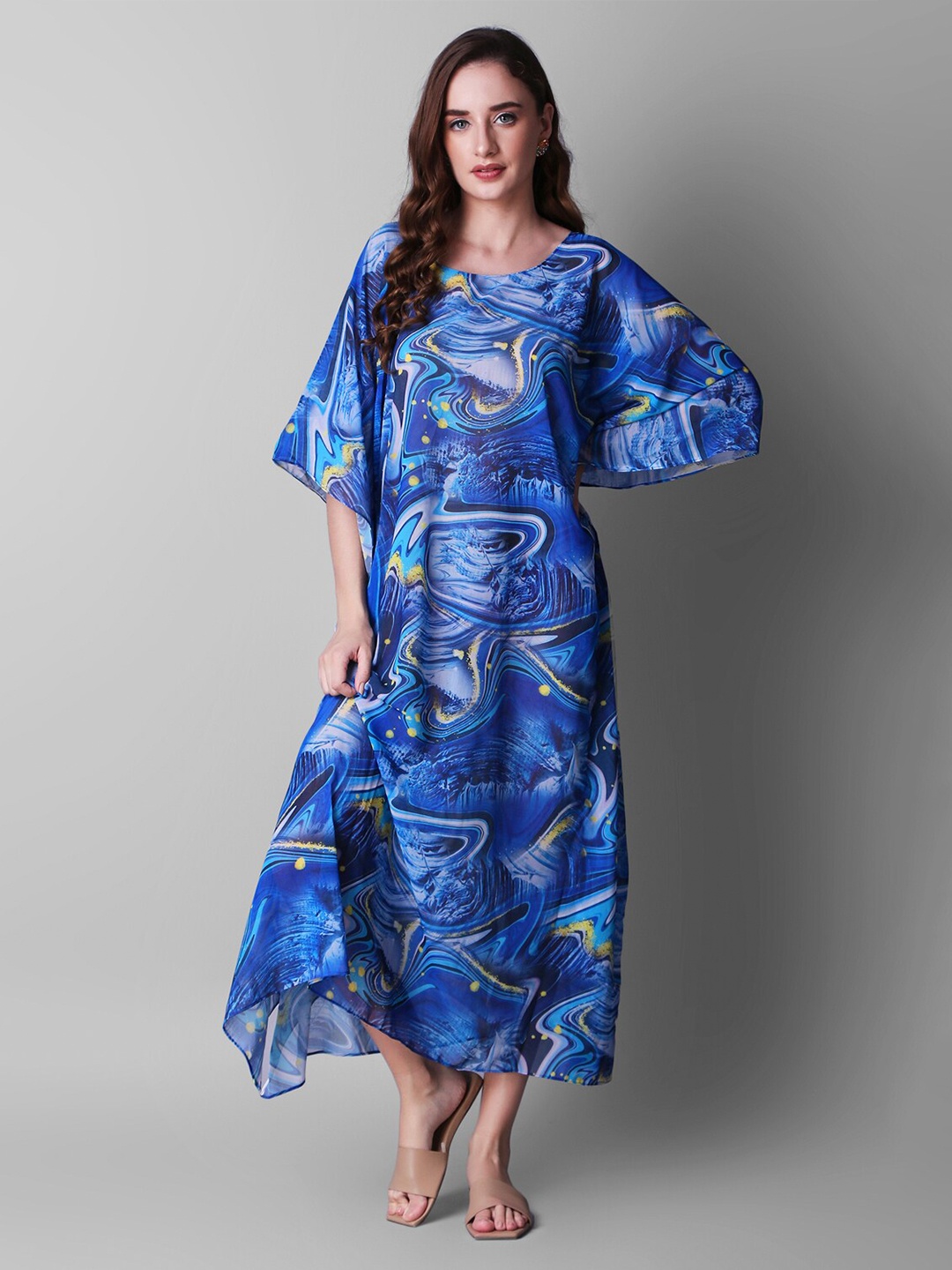 

Rajoria Instyle Abstract Printed Kimono Sleeves Georgette Kaftan Dress, Blue
