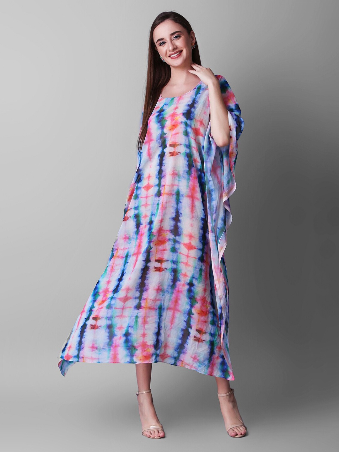 

Rajoria Instyle Tie and Dye Dyed Kimono Sleeves Kaftan Midi Dress, Blue