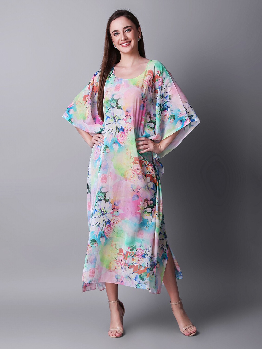 

Rajoria Instyle Floral Printed Kimono Sleeves Georgette Kaftan Dress, Multi