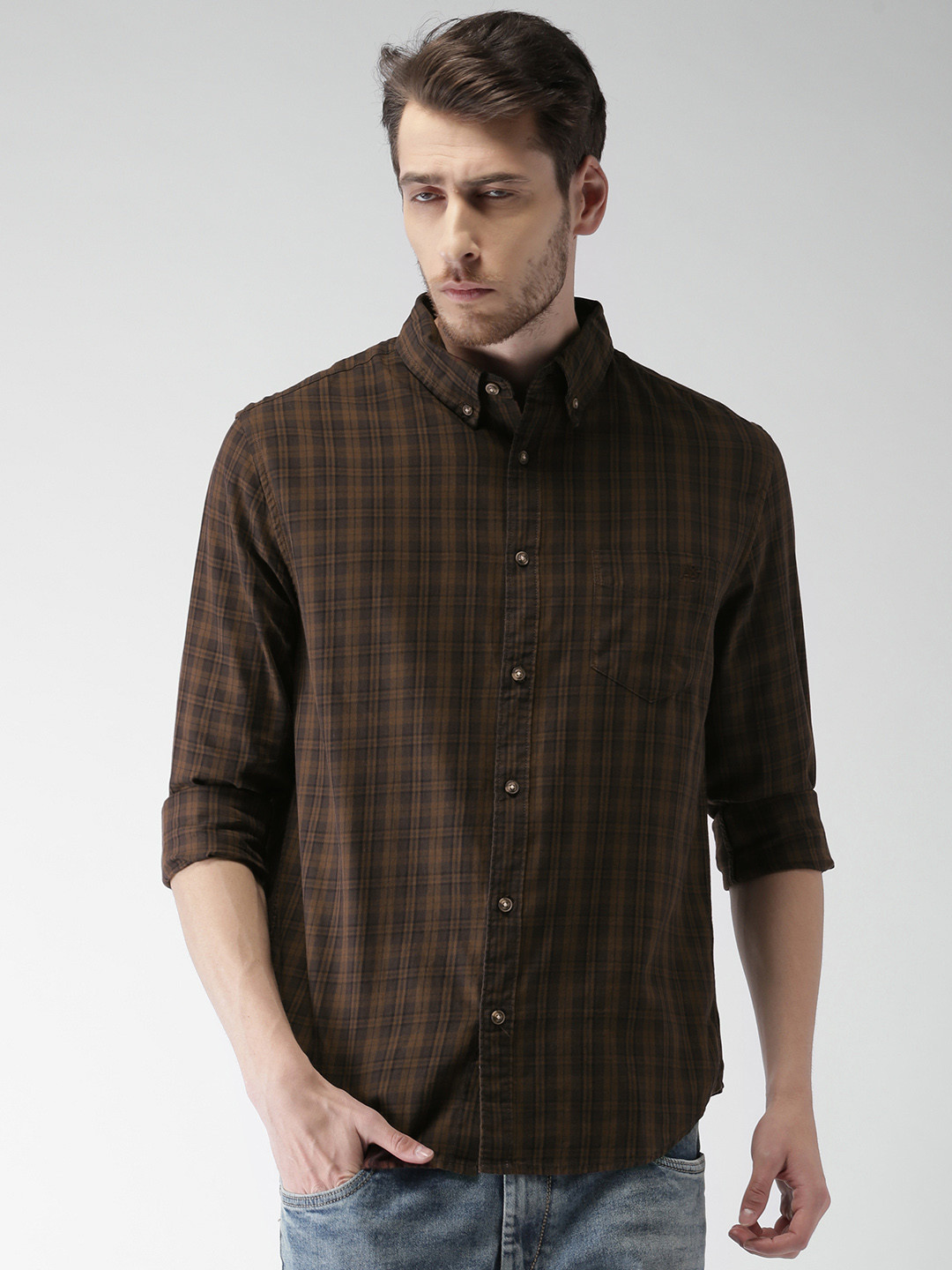 

Aeropostale Men Brown & Green Regular Fit Checked Casual Shirt
