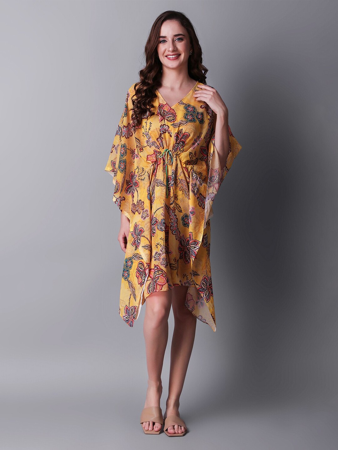 

Rajoria Instyle Floral Printed Kimono Sleeves Georgette Kaftan Dress, Yellow