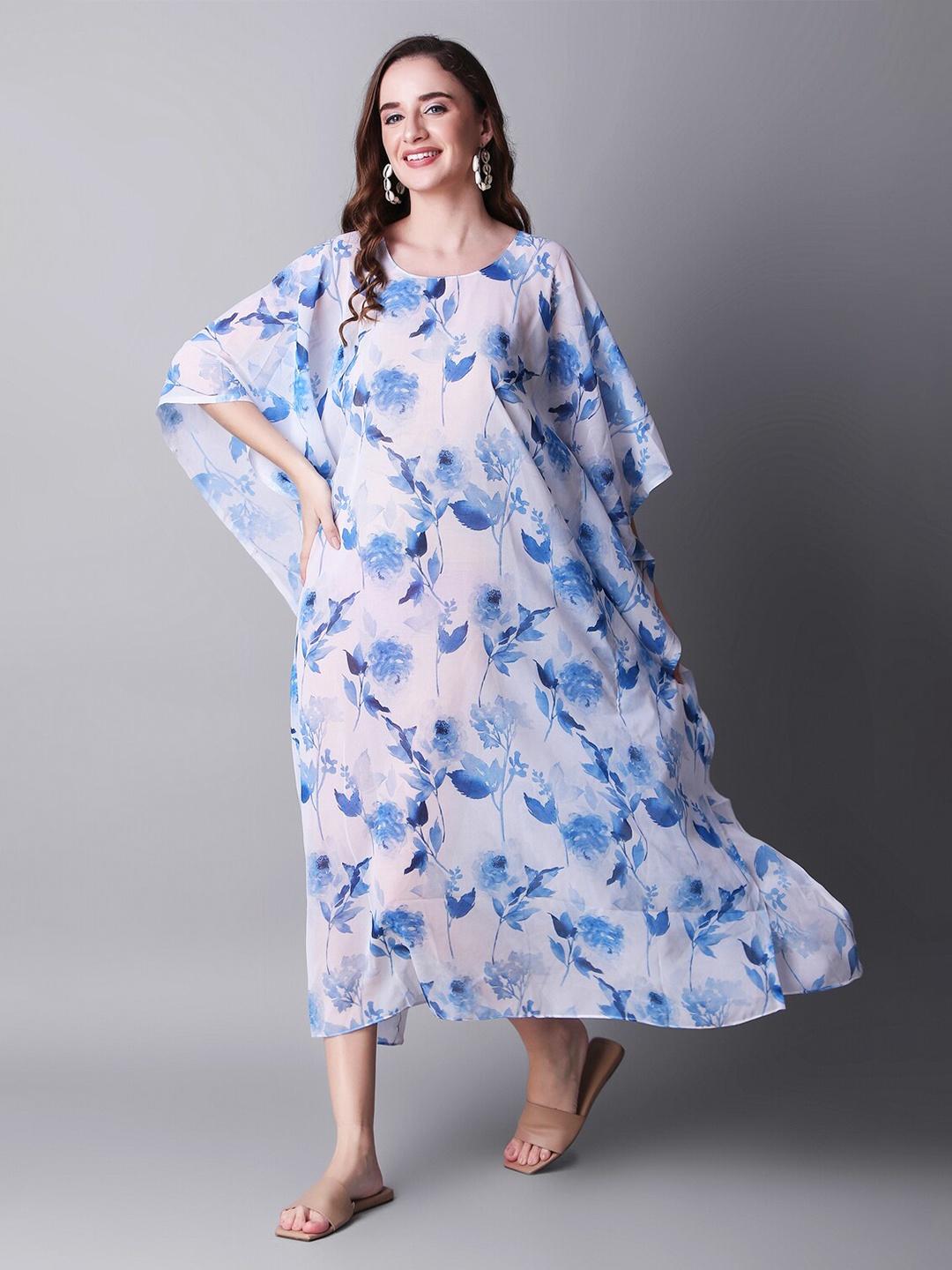 

Rajoria Instyle Floral Printed Kimono Sleeves Georgette Kaftan Midi Dress, White