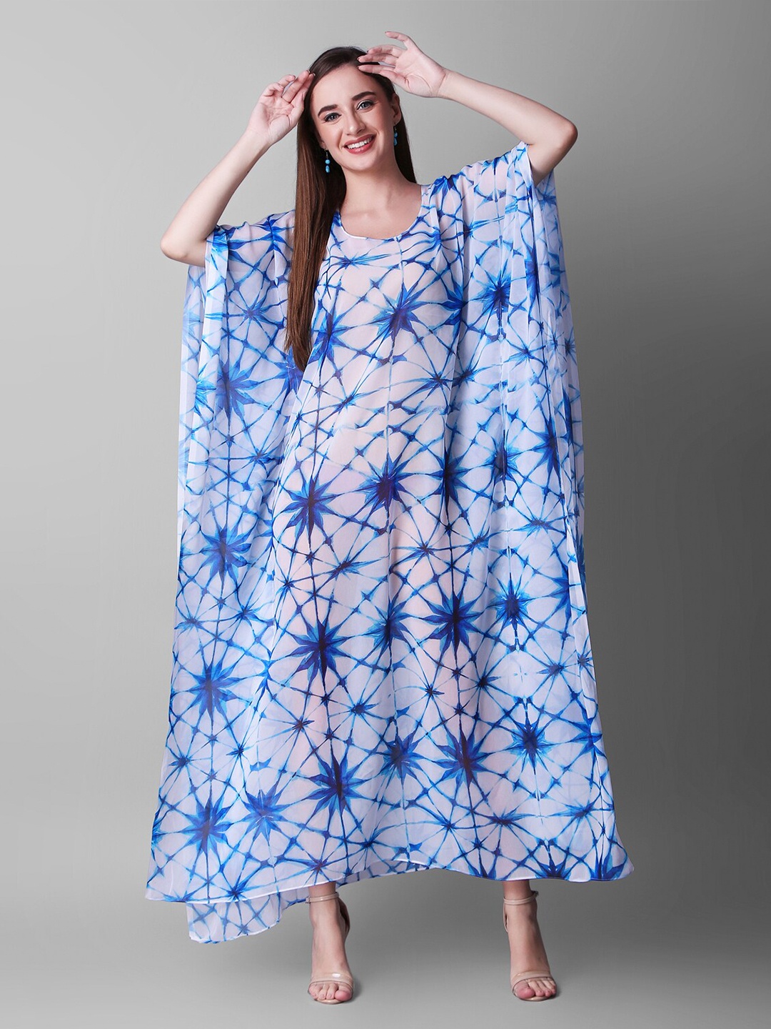 

Rajoria Instyle Tie And Dyed Kimono Sleeves Georgette Kaftan Dress, White