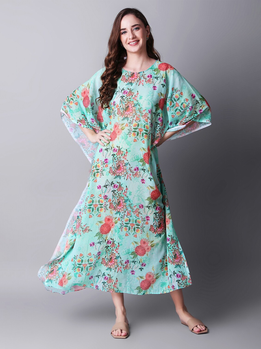 

Rajoria Instyle Floral Printed Kimono Sleeves Georgette Kaftan Dress, Green