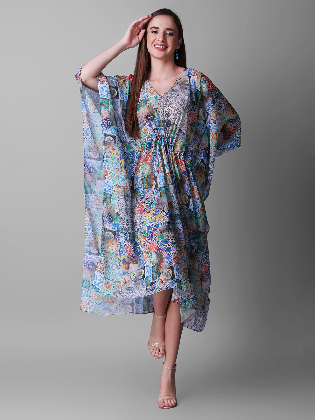 

Rajoria Instyle Floral Printed V-Neck Flared Sleeve Kaftan Midi Dress, Blue