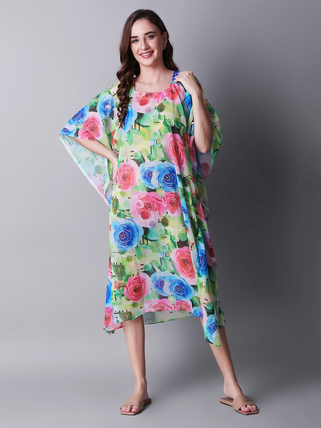 Rajoria Instyle Floral Printed Kimono Sleeves Georgette Kaftan Dress, Green