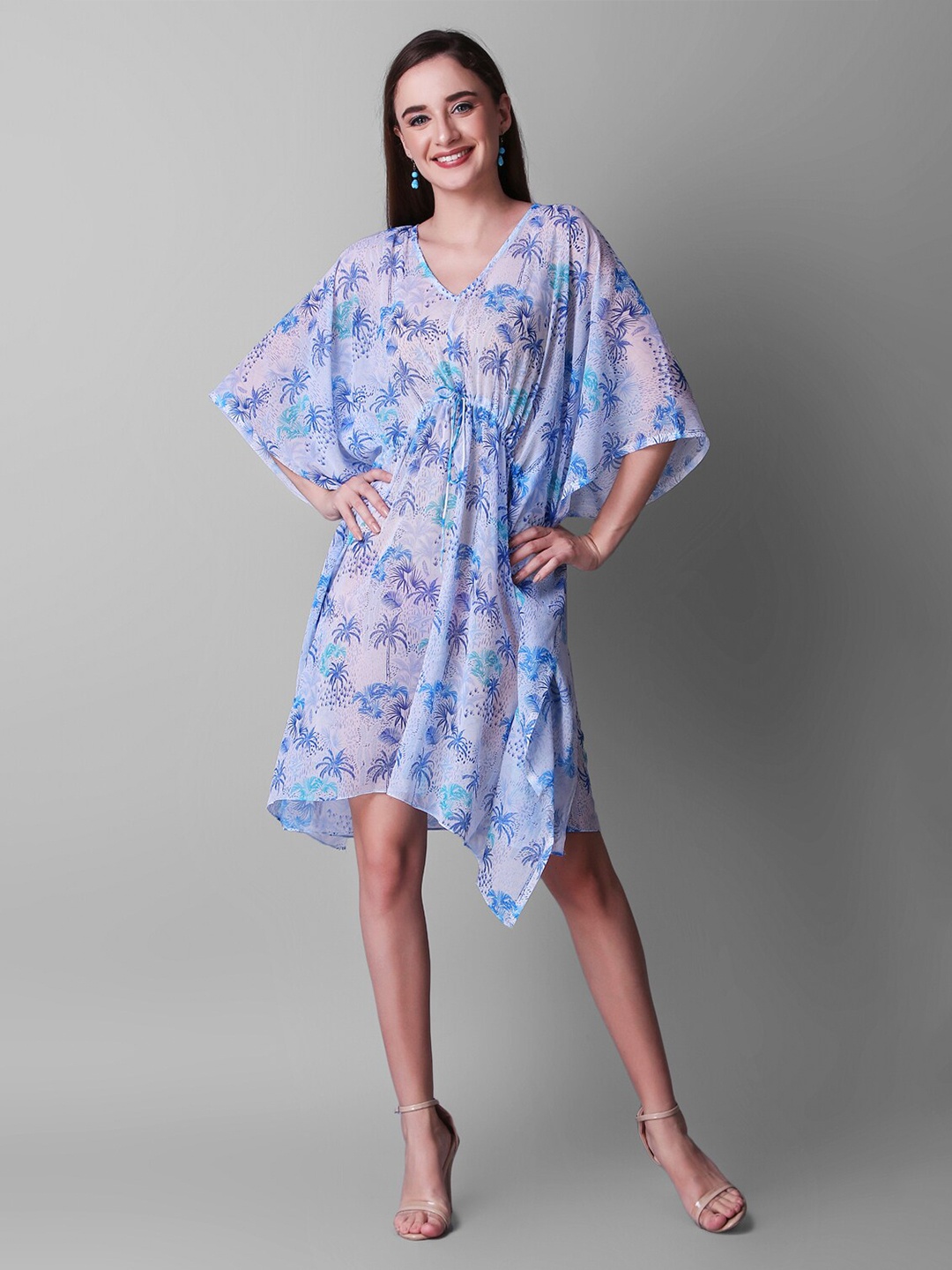 Rajoria Instyle Floral Printed Kimono Sleeves Gathered Detailed Kaftan Dress, White