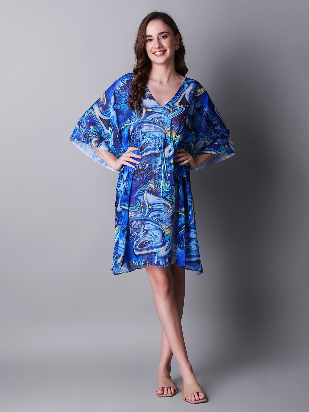 

Rajoria Instyle Abstract Printed Kimono Sleeves Gathered Kaftan Dress, Blue
