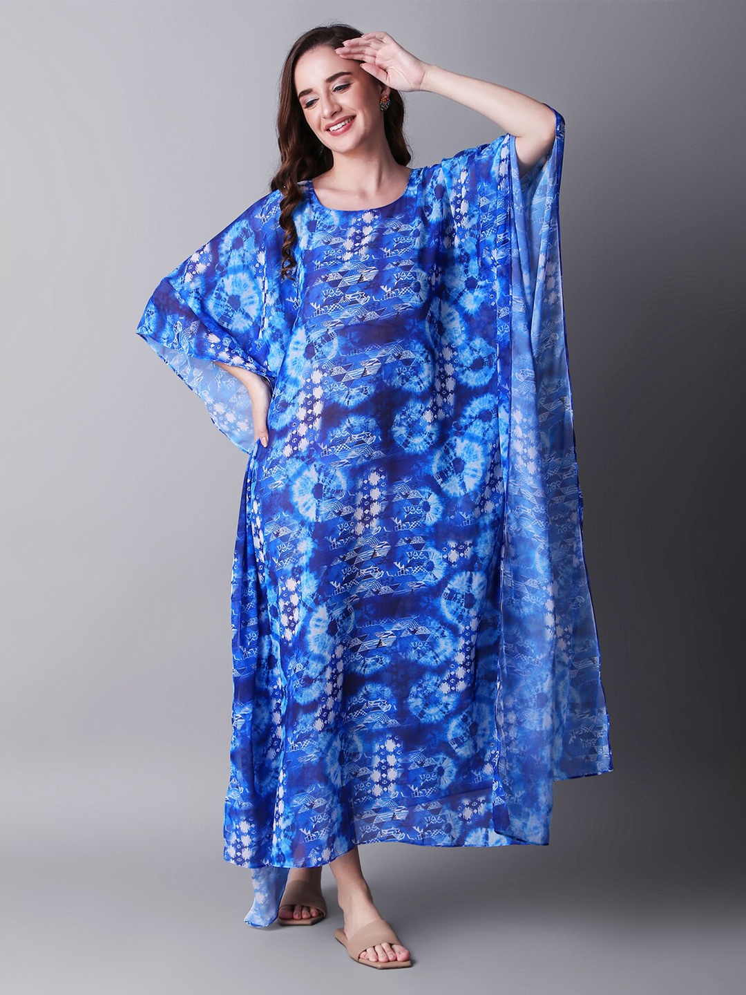 

Rajoria Instyle Tie And Dyed Kimono Sleeves Georgette Kaftan Dress, Blue